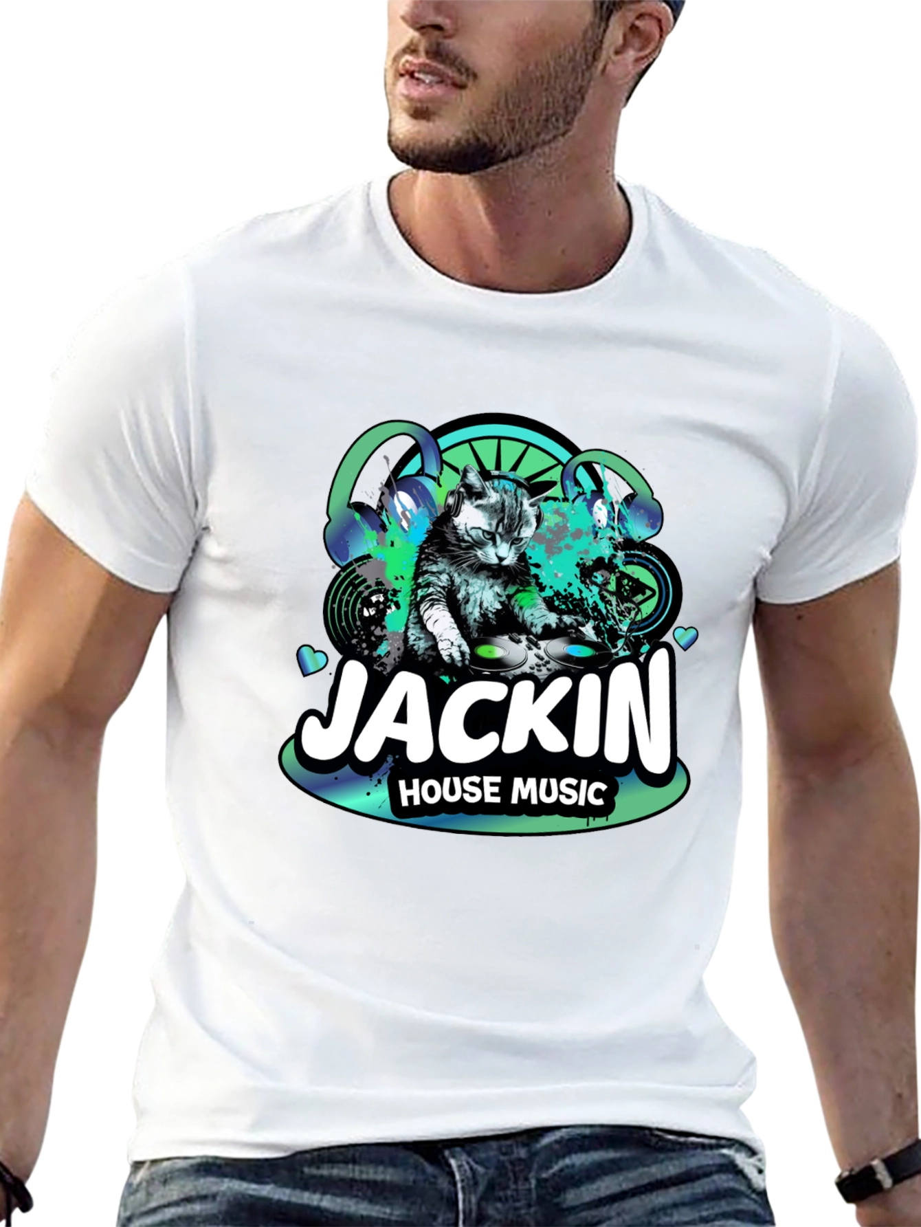 Jackin House Music Cat DJ Black T-Shirt
