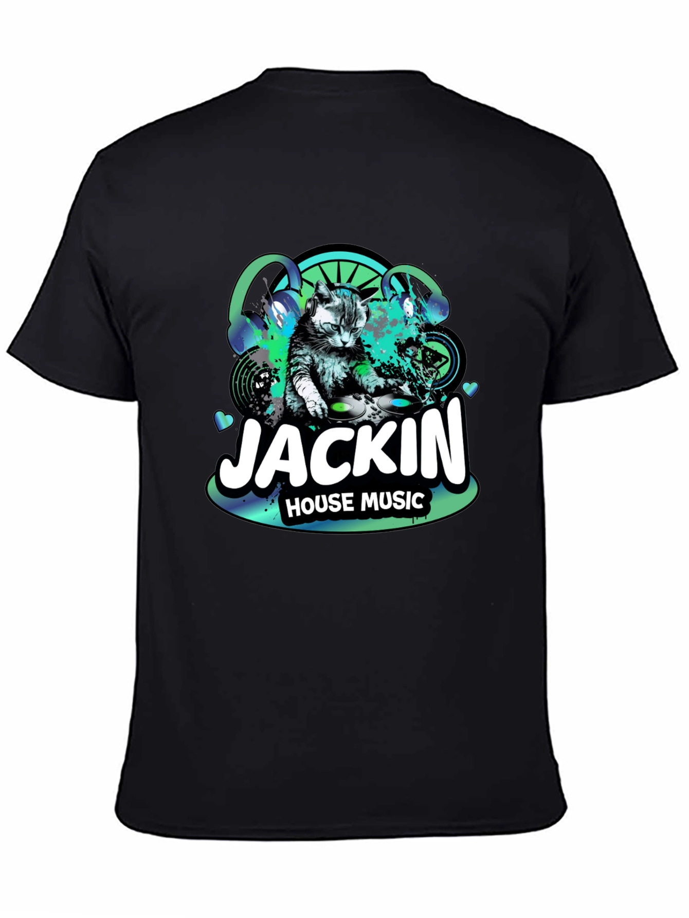 Jackin House Music Cat DJ Black T-Shirt