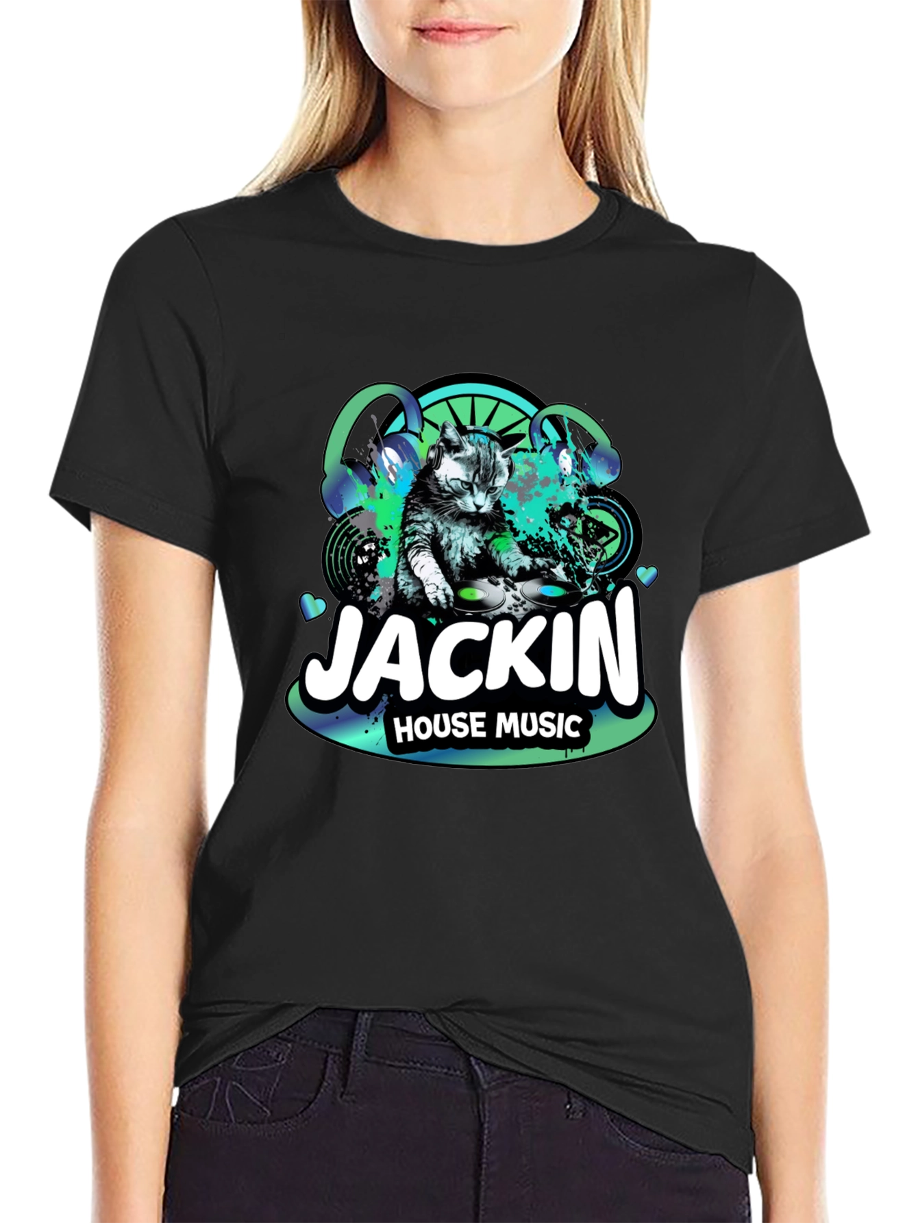 Jackin House Music Cat DJ Black T-Shirt
