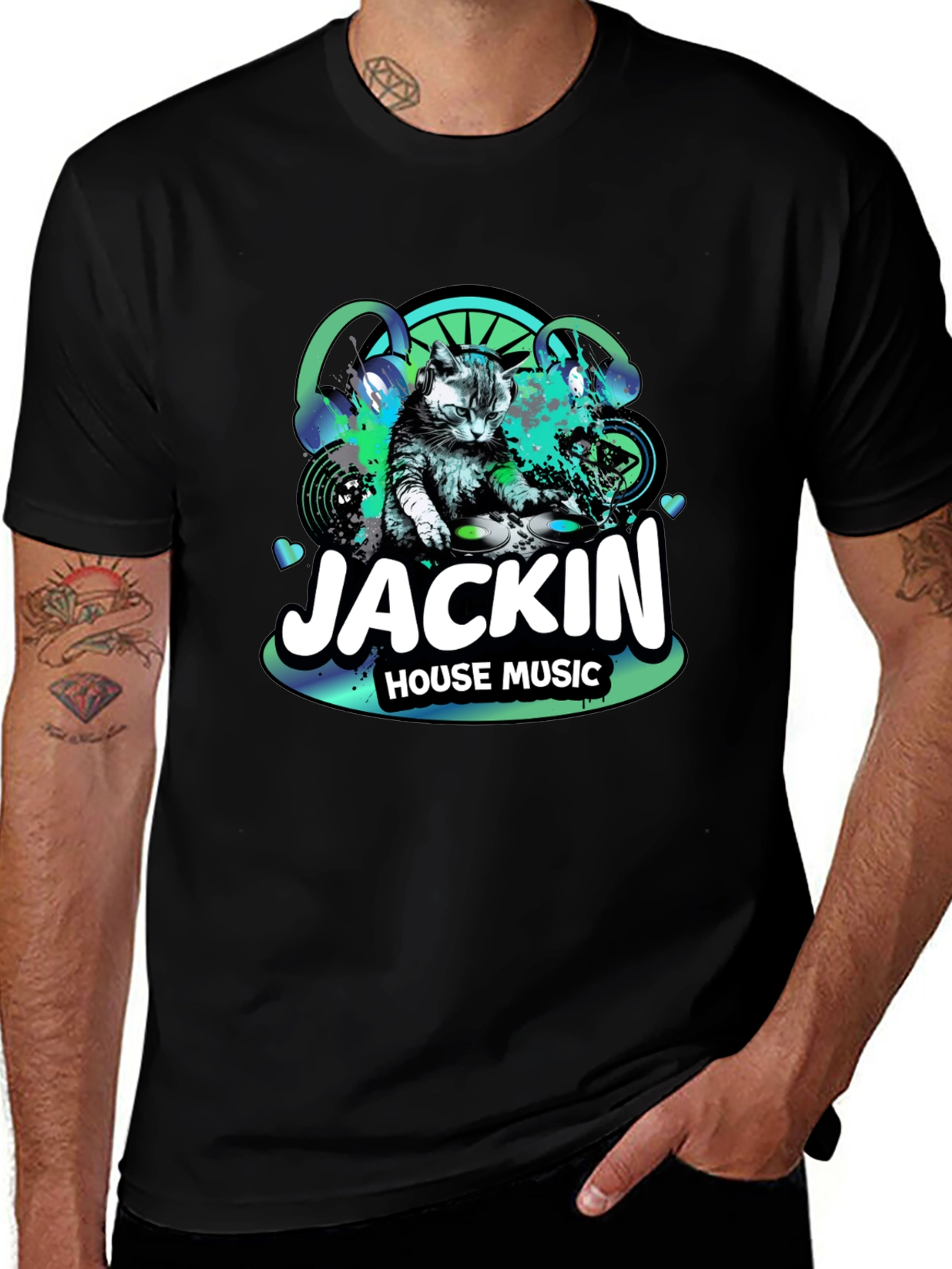 Jackin House Music Cat DJ Black T-Shirt