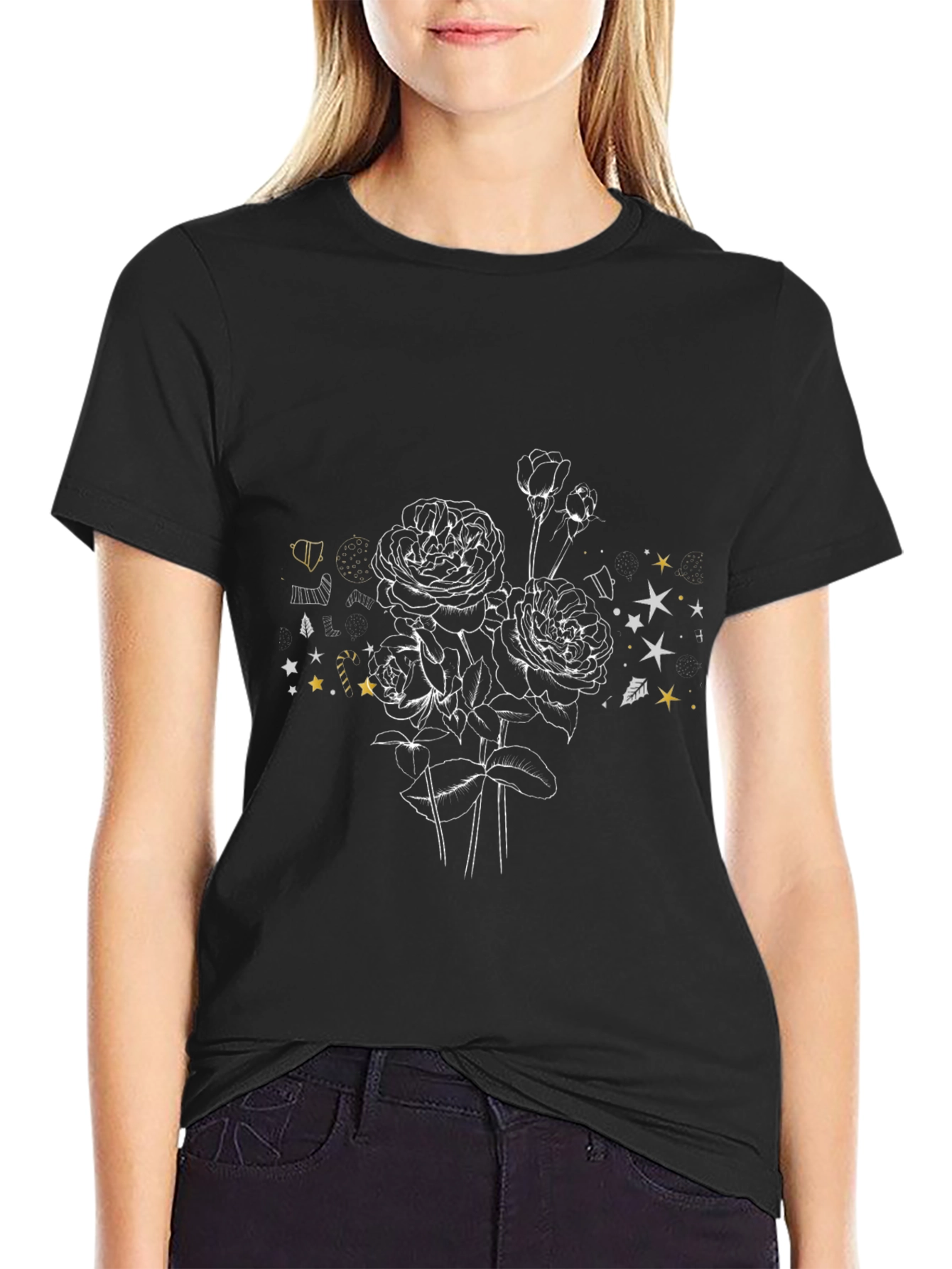 Floral Sketch Graphic Tee - Stylish Black T-Shirt