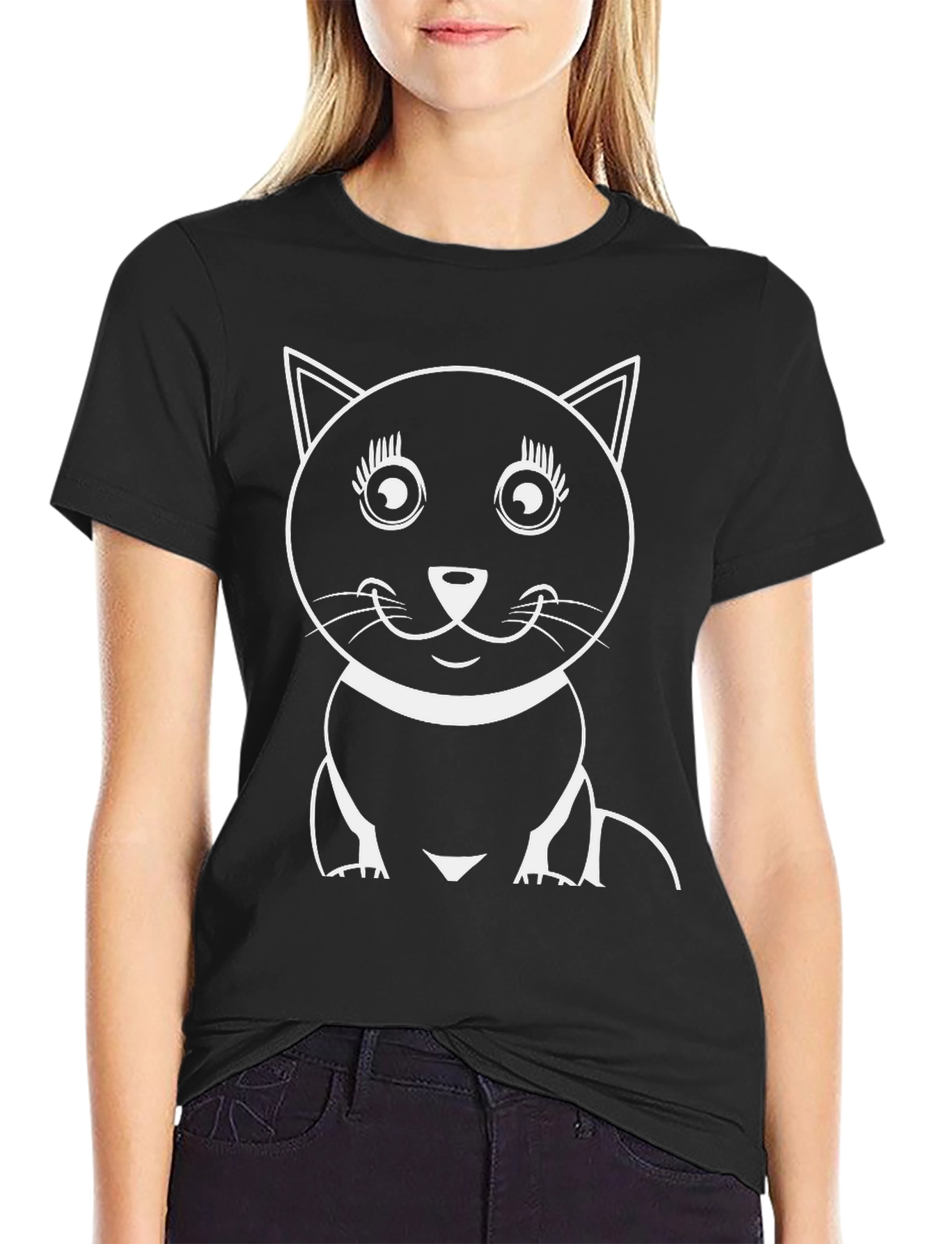 Cute Cat Graphic Tee - Black Cotton Blend T-Shirt