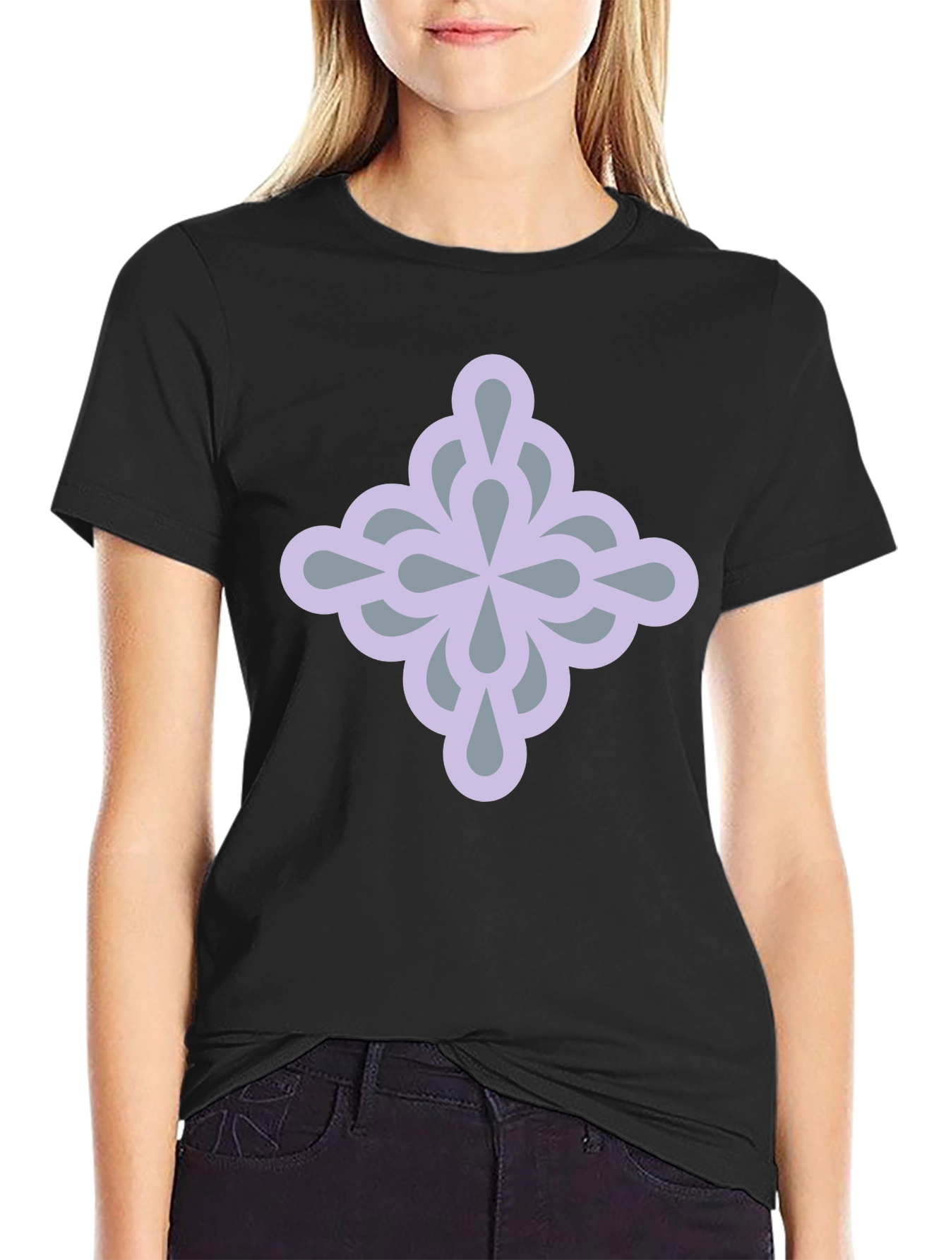 Stylish Black Tee with Geometric Flower Design