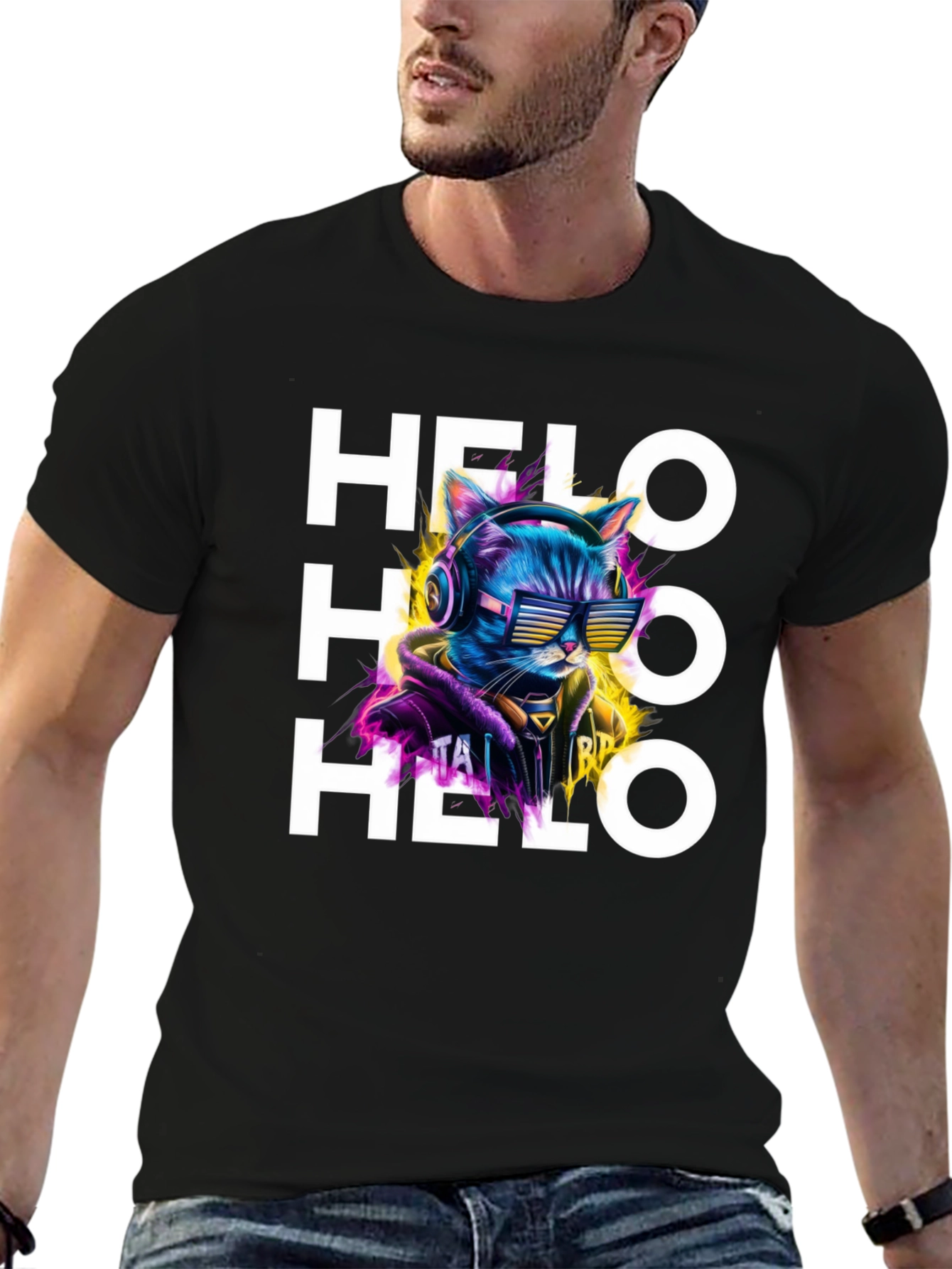 Cool Cat Helo Graphic Print Black T-Shirt