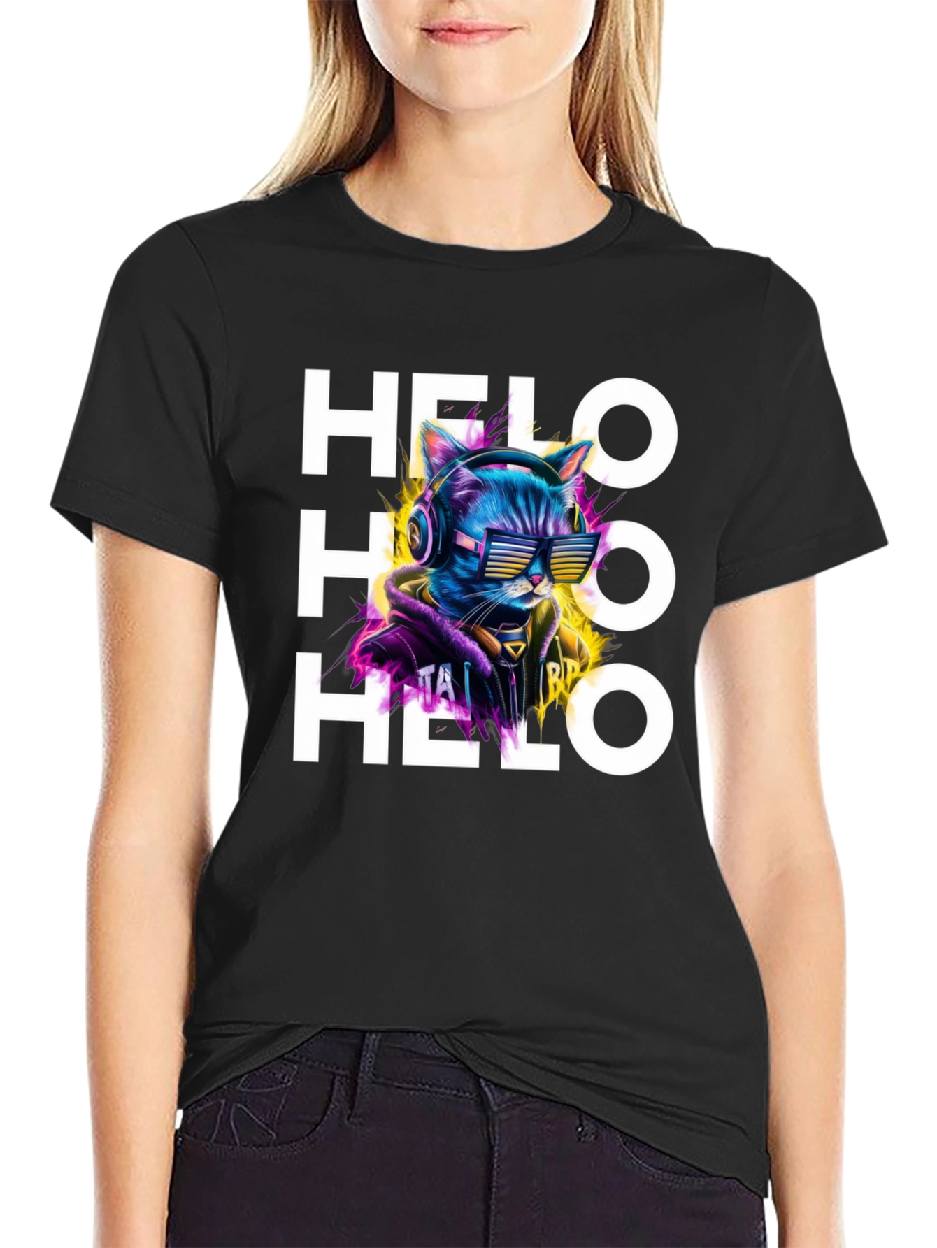 Cool Cat Helo Graphic Print Black T-Shirt