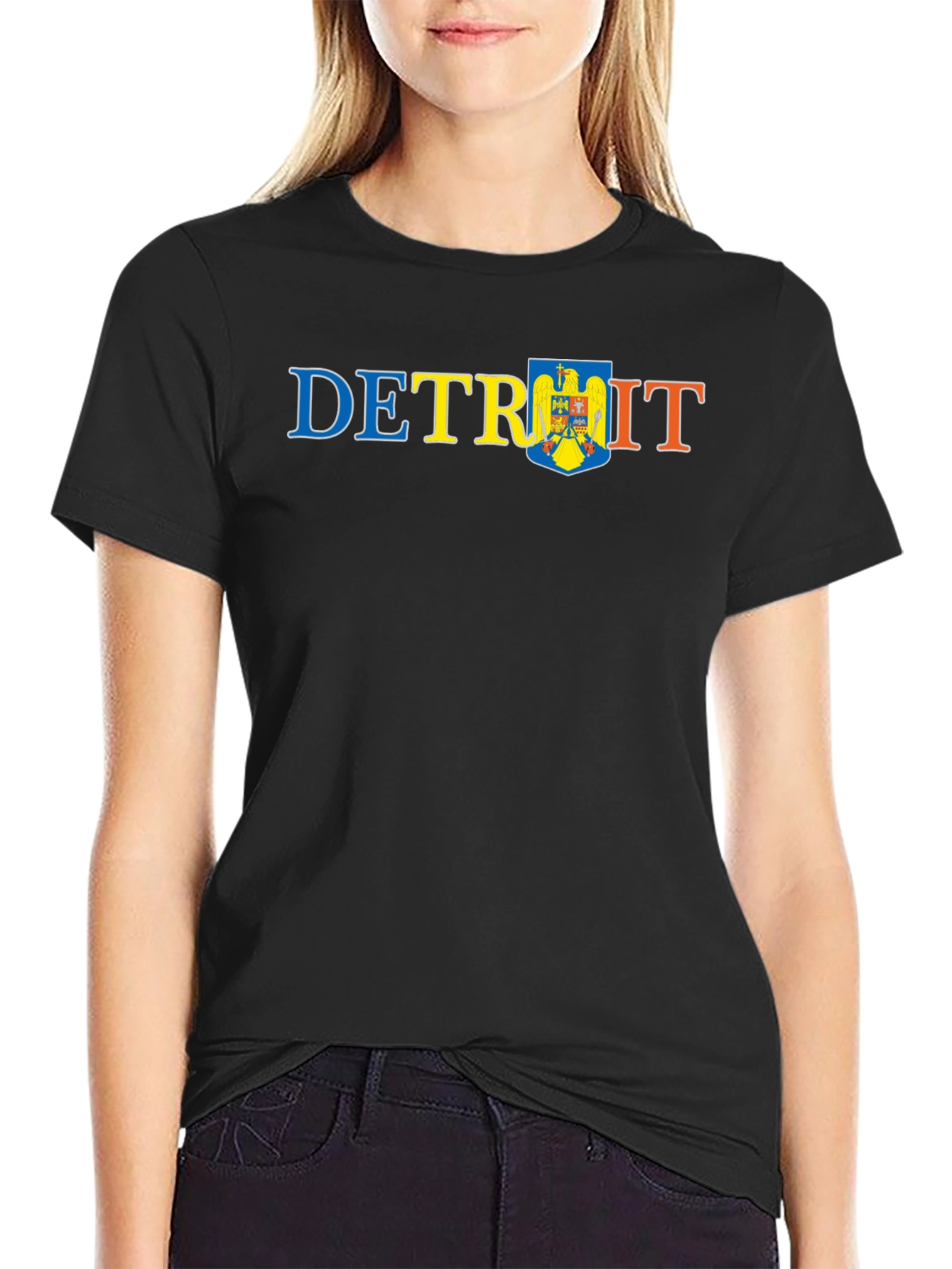 Detroit T-Shirt with Moldova Flag Shield Graphic
