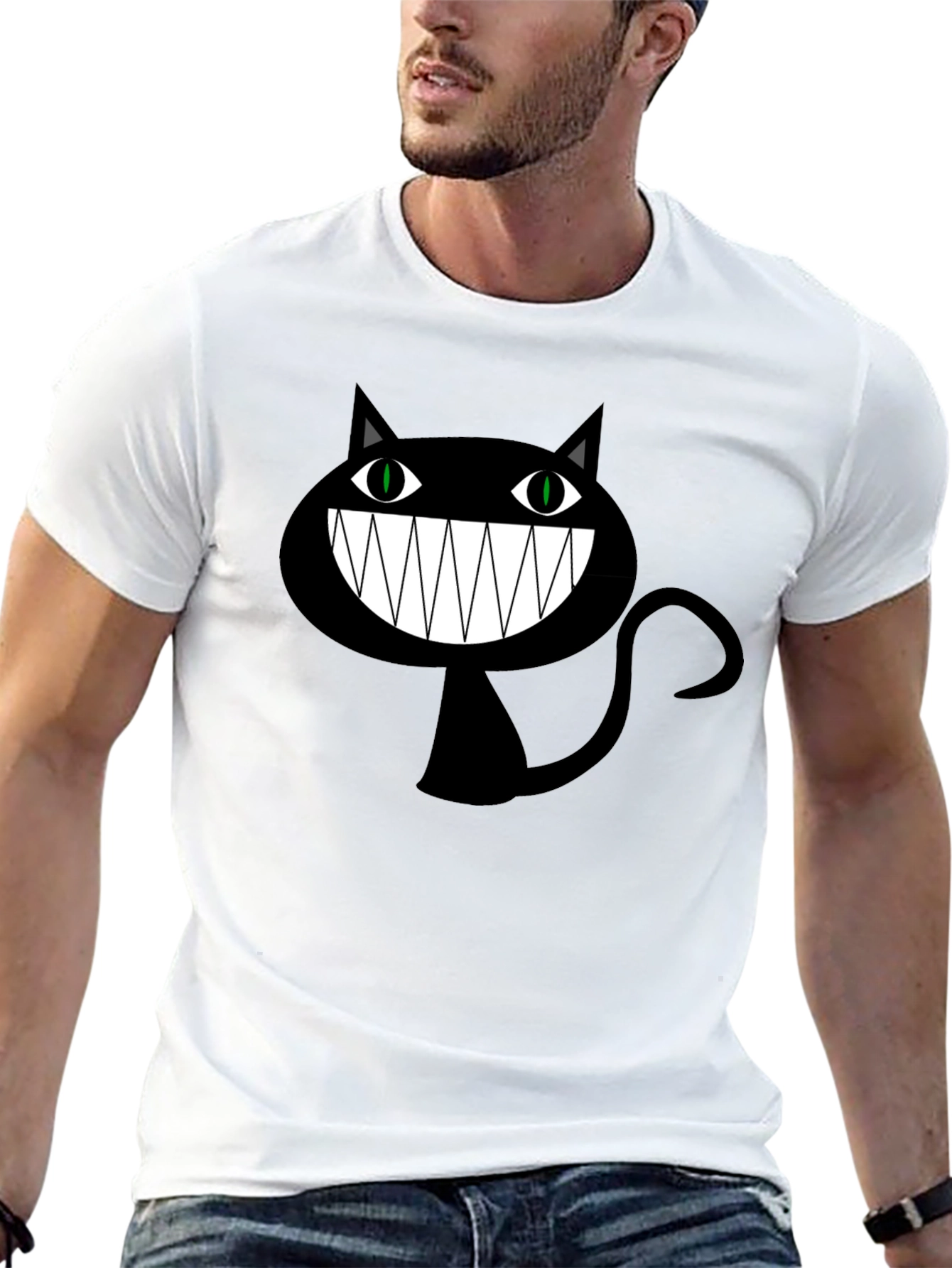 Creepy Cartoon Cat Graphic Tee - Black Cotton