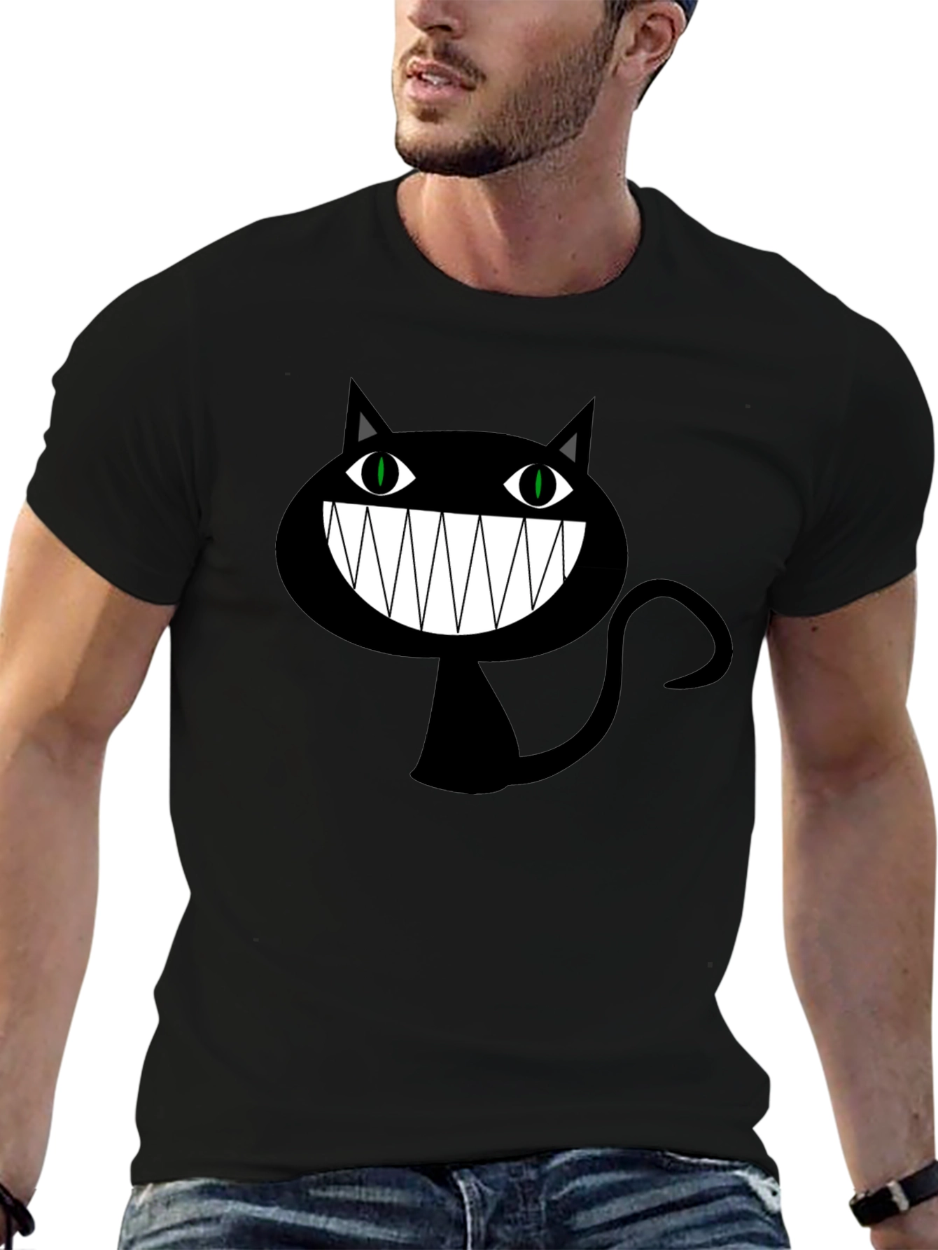 Creepy Cartoon Cat Graphic Tee - Black Cotton