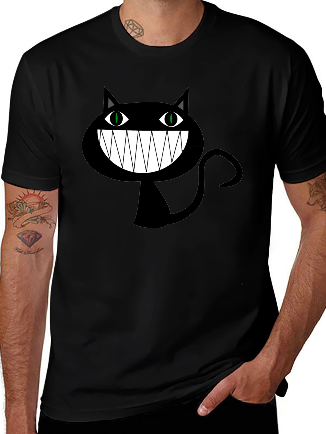 Creepy Cartoon Cat Graphic Tee - Black Cotton