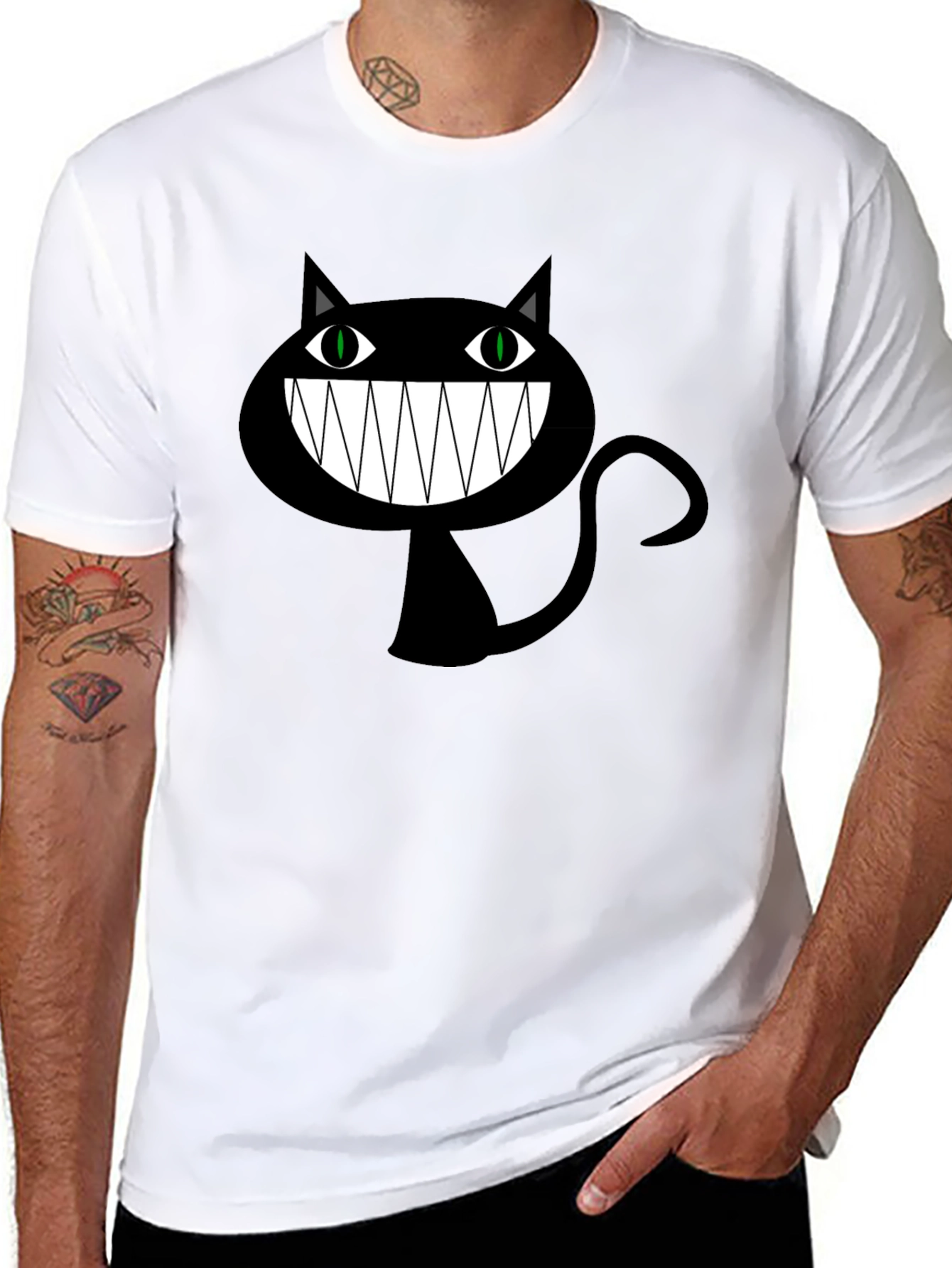 Creepy Cartoon Cat Graphic Tee - Black Cotton