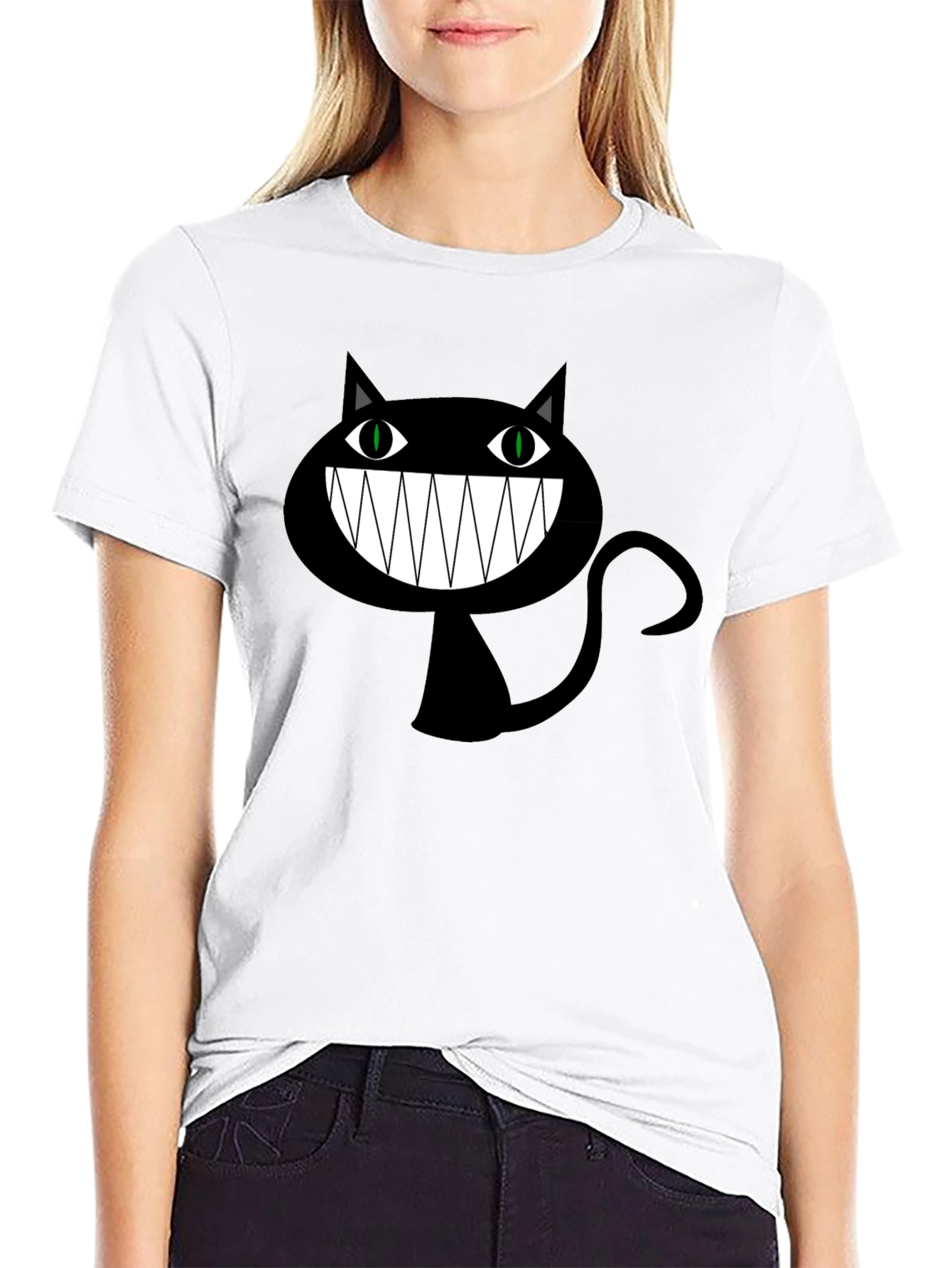 Creepy Cartoon Cat Graphic Tee - Black Cotton