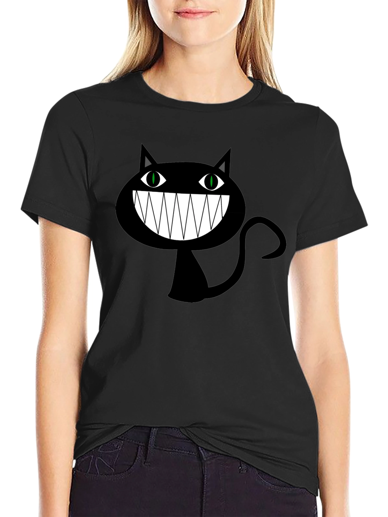 Creepy Cartoon Cat Graphic Tee - Black Cotton