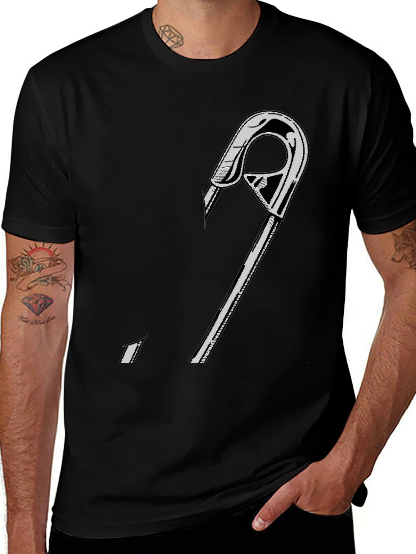 Edgy Safety Pin Graphic T-Shirt - Black Cotton Tee