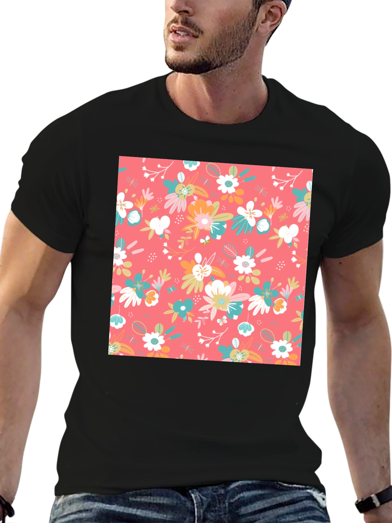Floral Print Black T-Shirt for Men