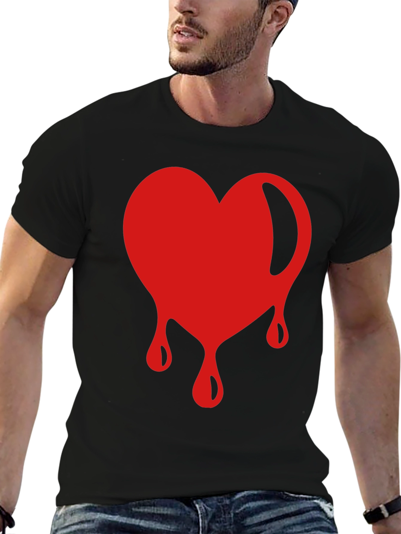 Red Dripping Heart Graphic Black T-Shirt