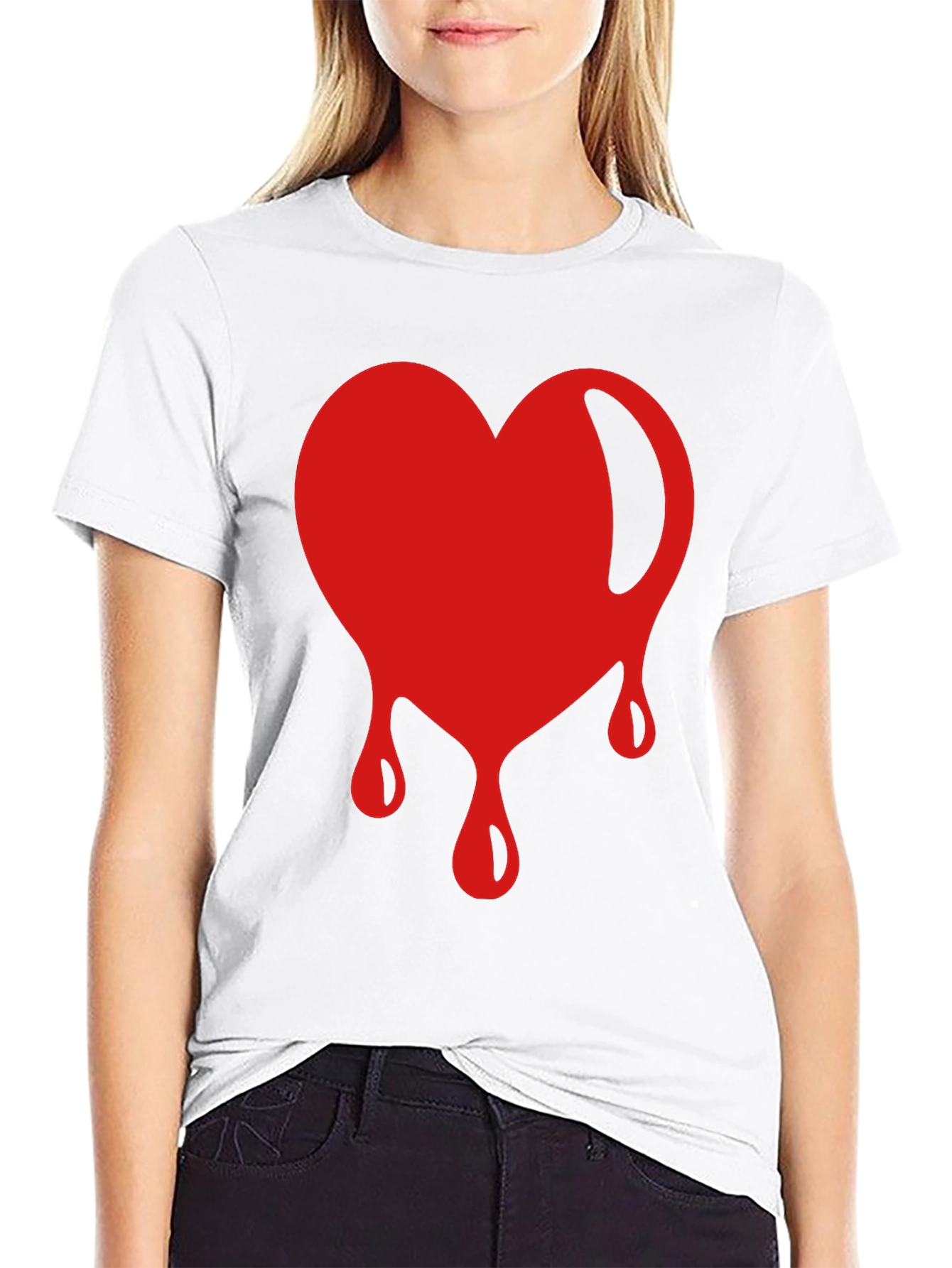 Red Dripping Heart Graphic Black T-Shirt