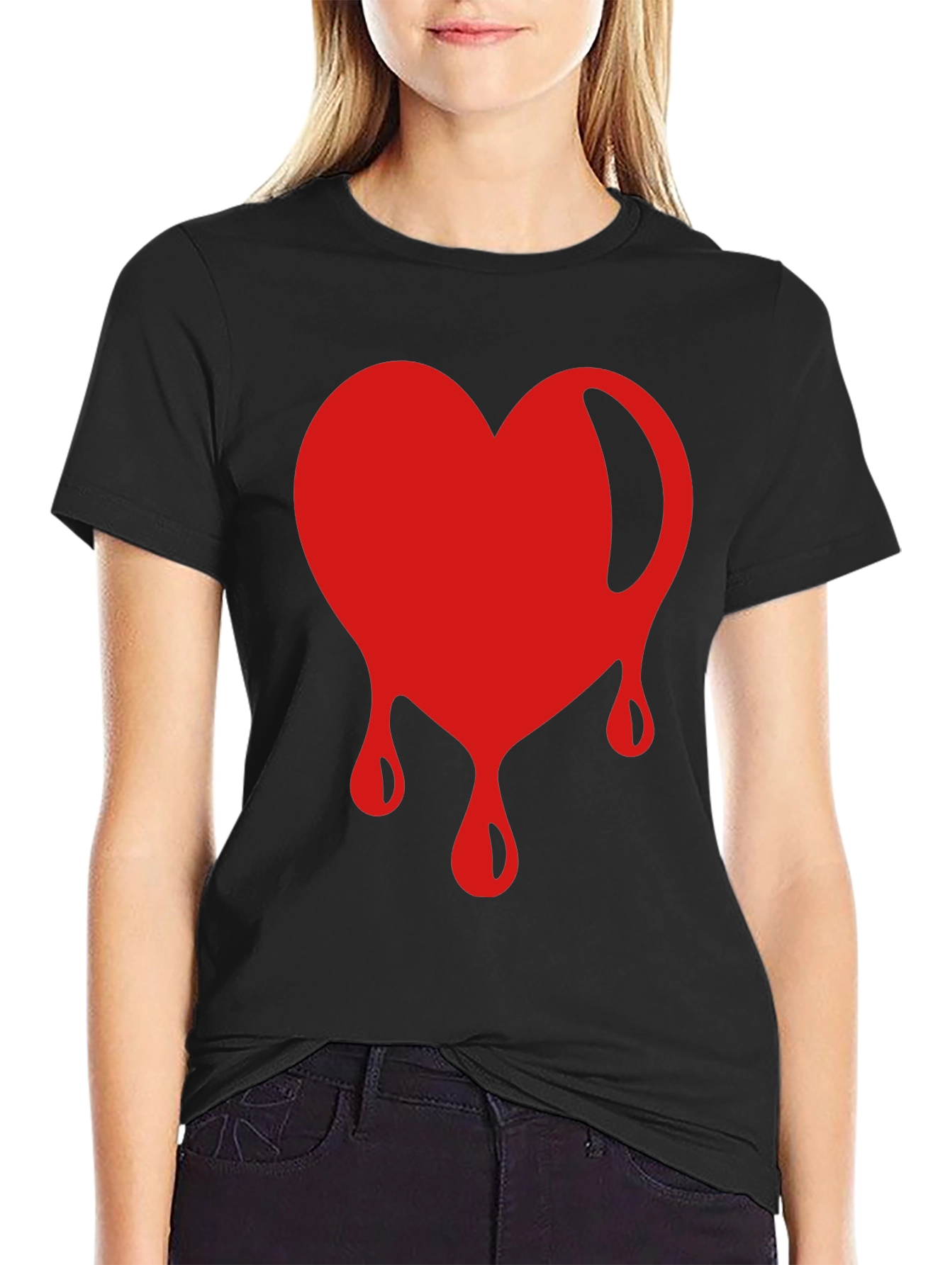 Red Dripping Heart Graphic Black T-Shirt