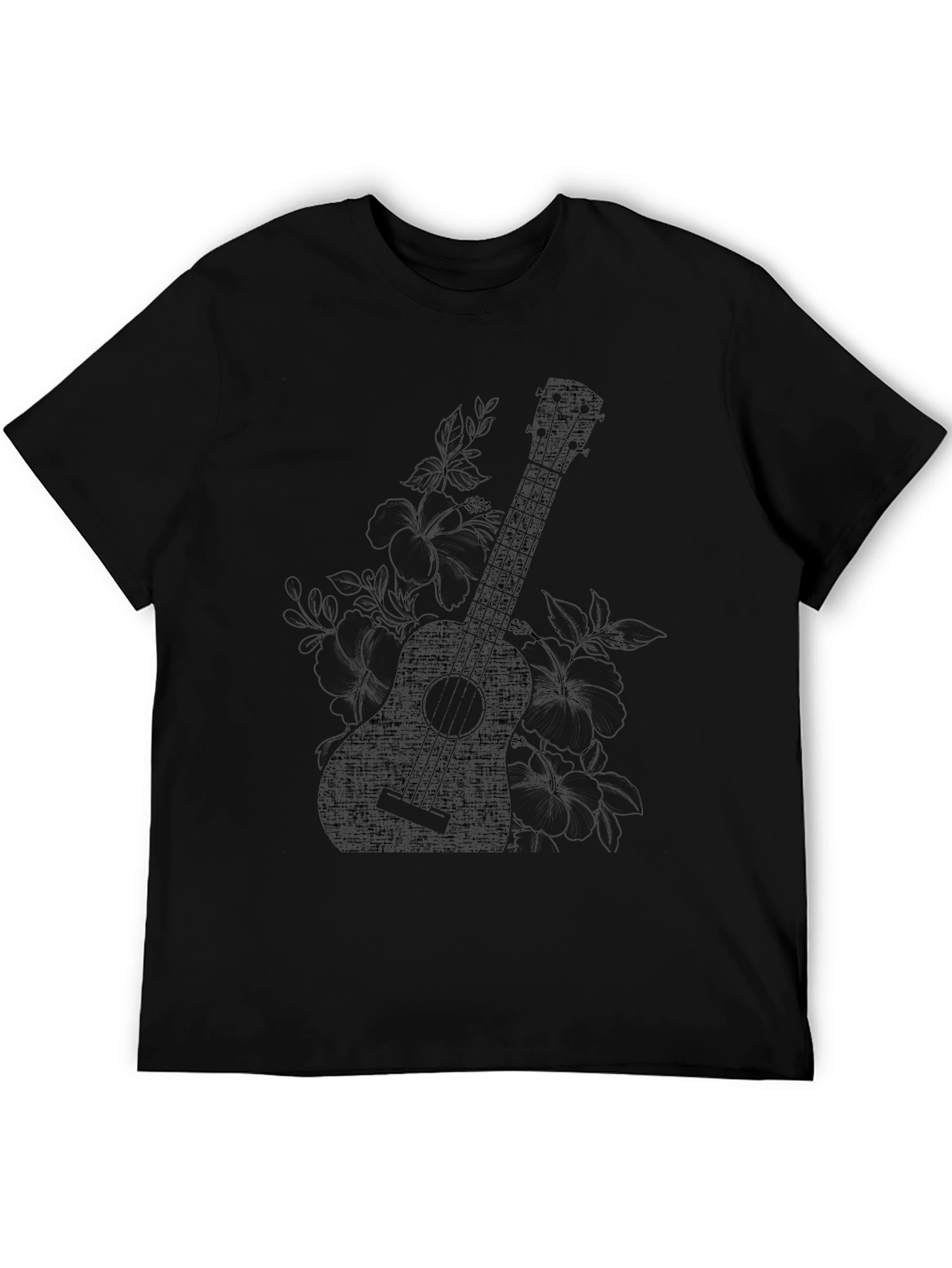 Ukulele Floral Graphic Black T-Shirt