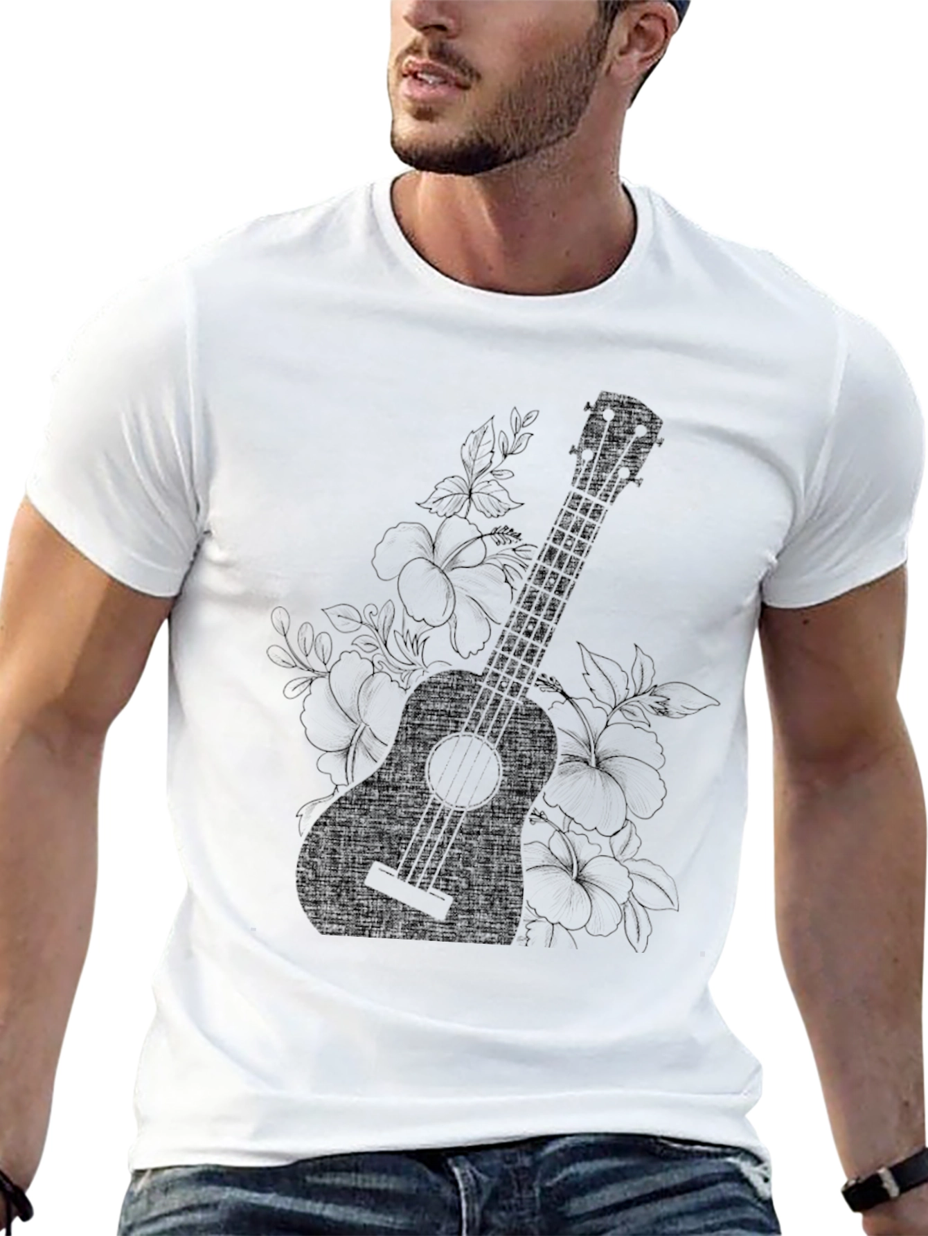 Ukulele Floral Graphic Black T-Shirt