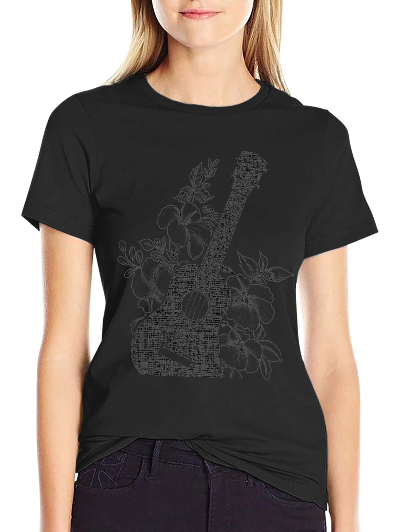 Ukulele Floral Graphic Black T-Shirt