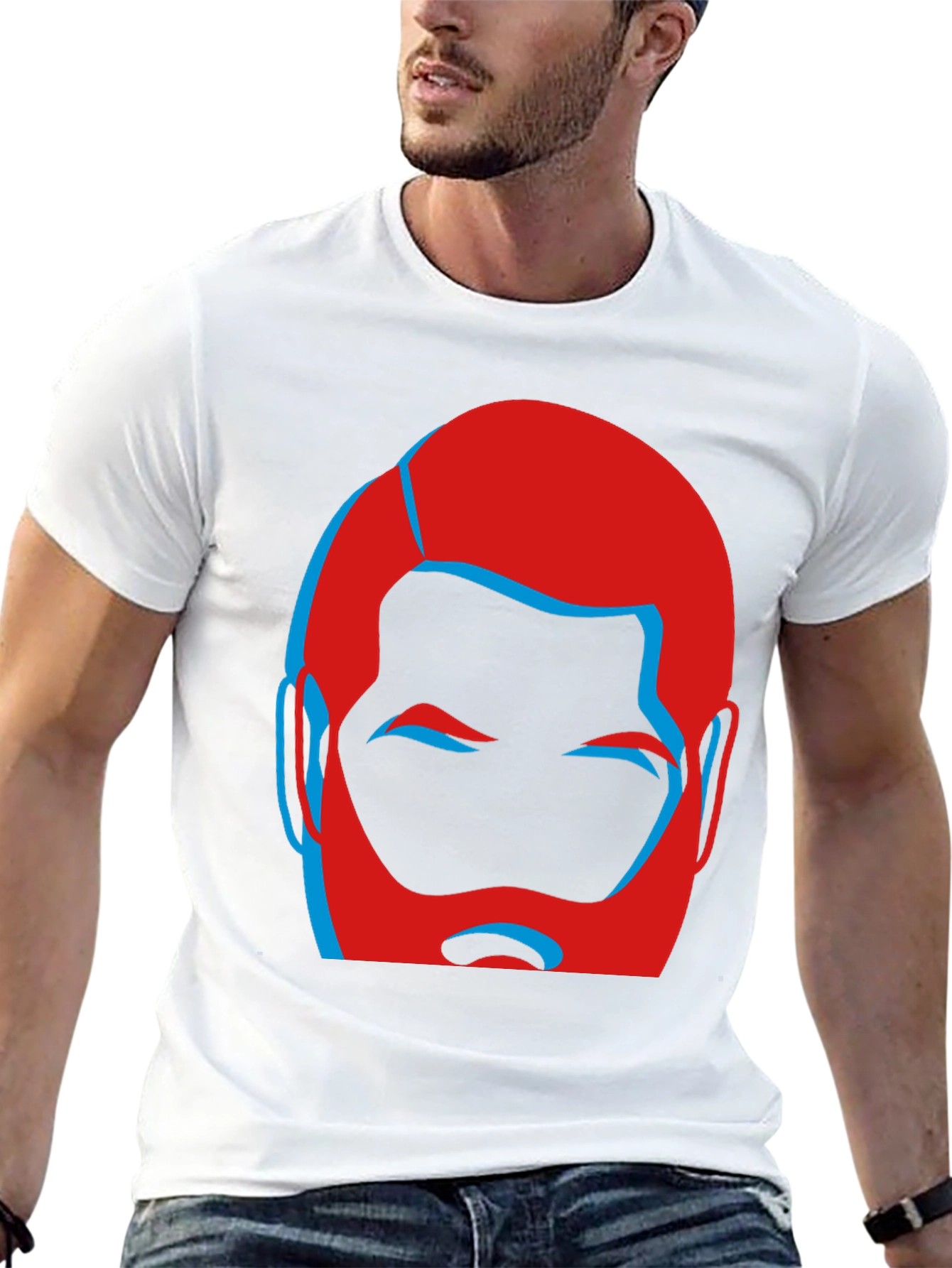 Bold Graphic Tee - Red and Blue Bearded Face