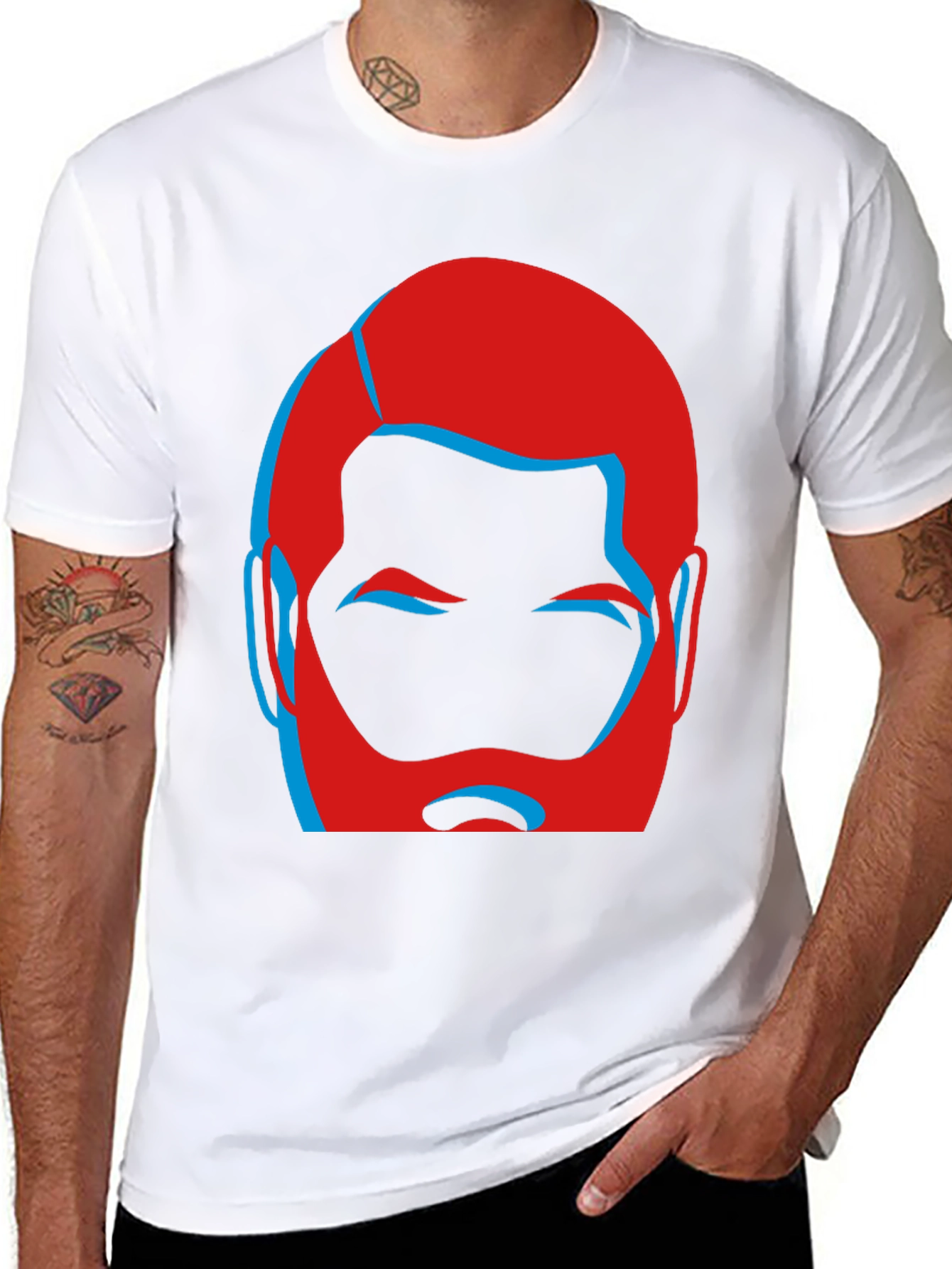 Bold Graphic Tee - Red and Blue Bearded Face