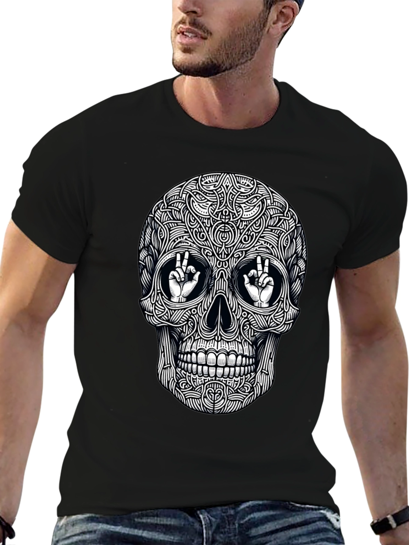 Skull Peace Sign Graphic Tee - Mens Black T-Shirt
