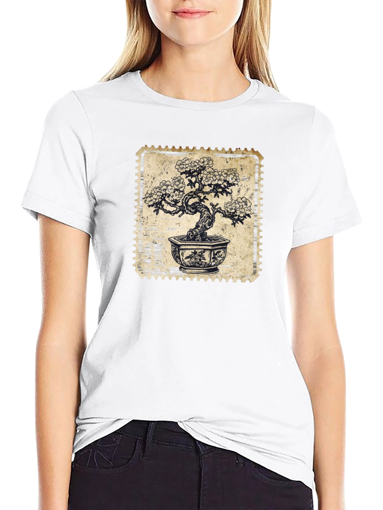 Bonsai Stamp Black T-Shirt - Nature Inspired Graphic Tee