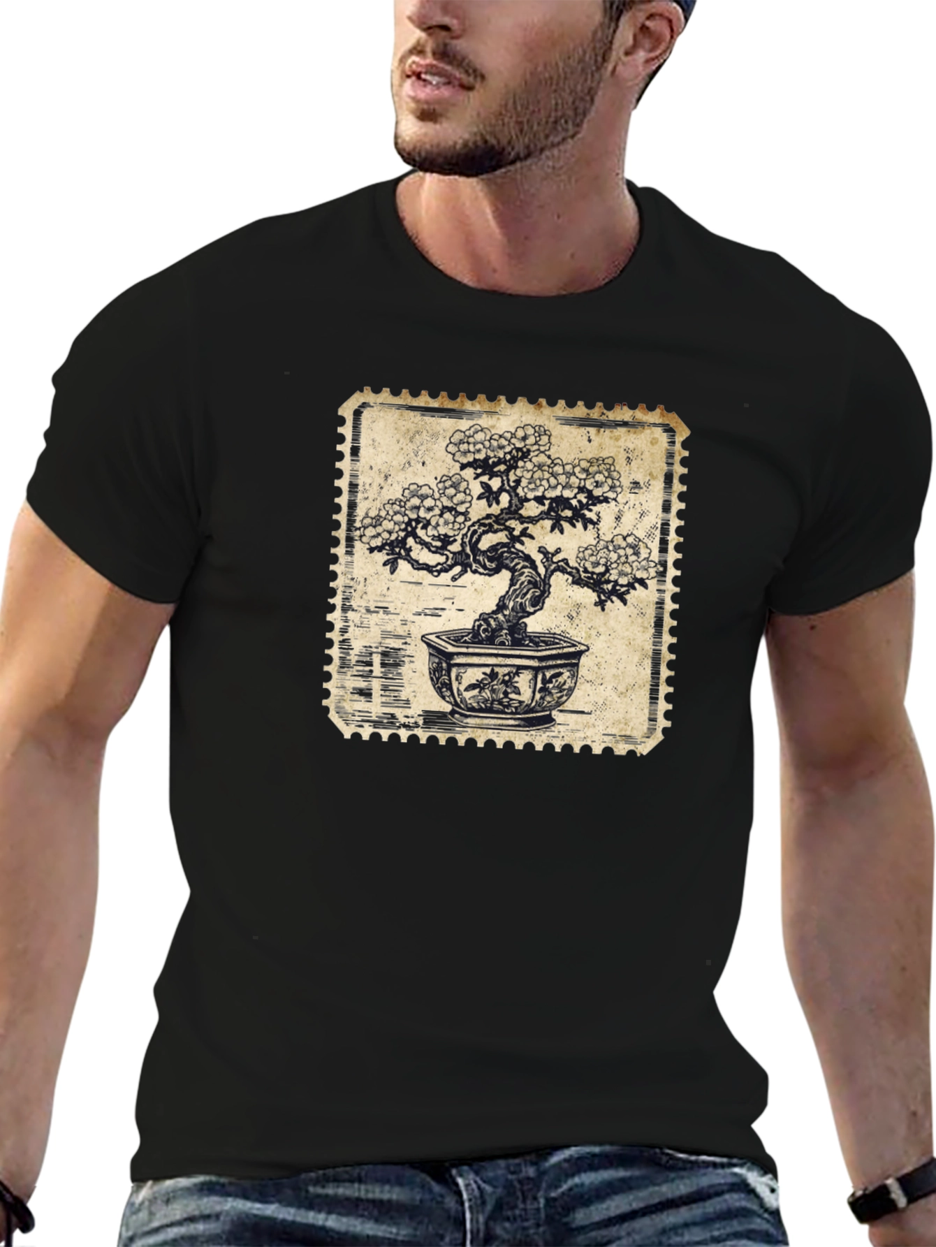 Bonsai Stamp Black T-Shirt - Nature Inspired Graphic Tee