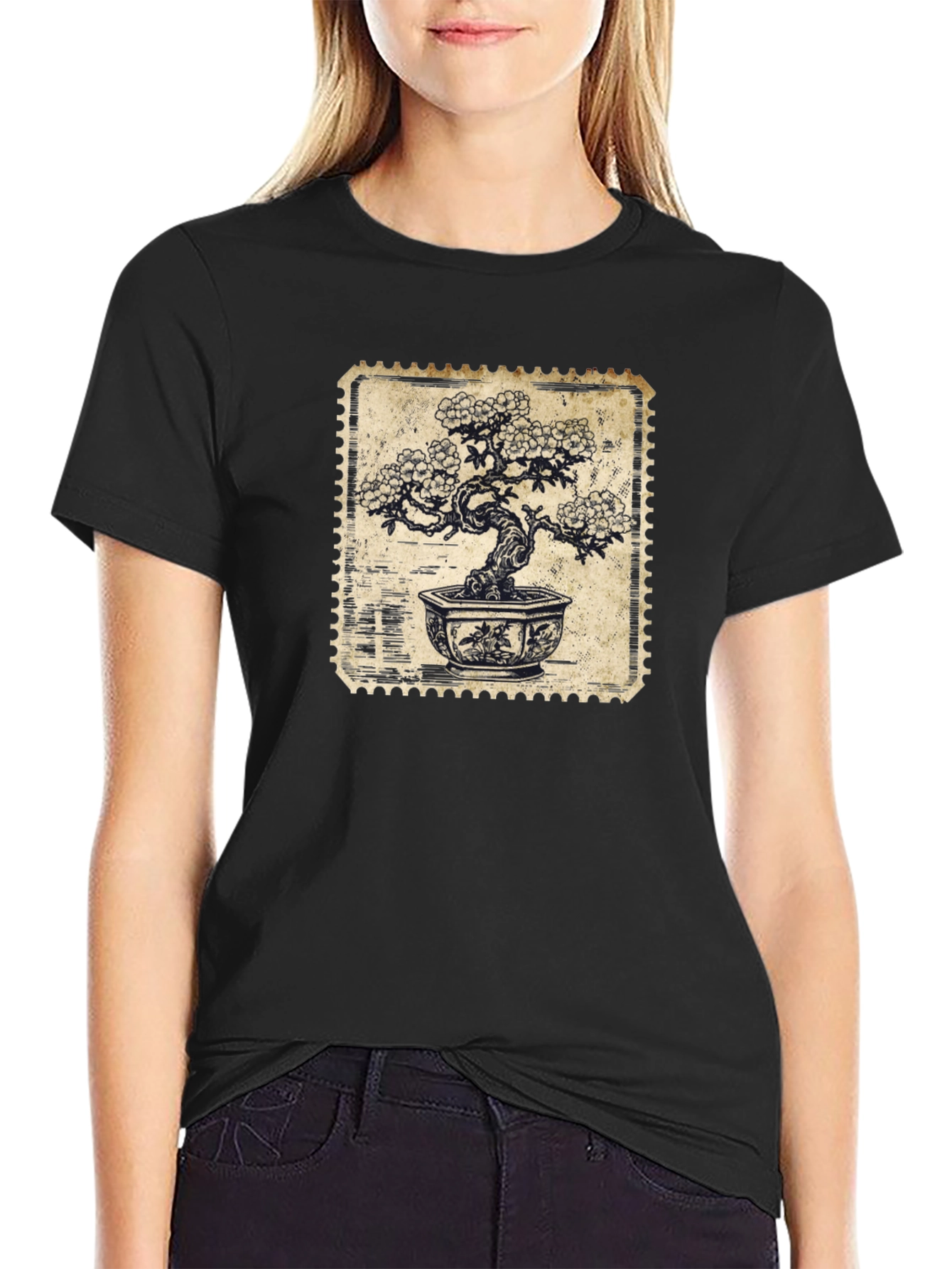 Bonsai Stamp Black T-Shirt - Nature Inspired Graphic Tee