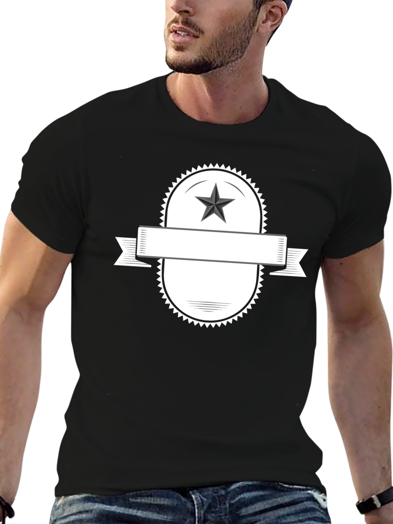 Mens Black T-Shirt with Graphic Badge Design