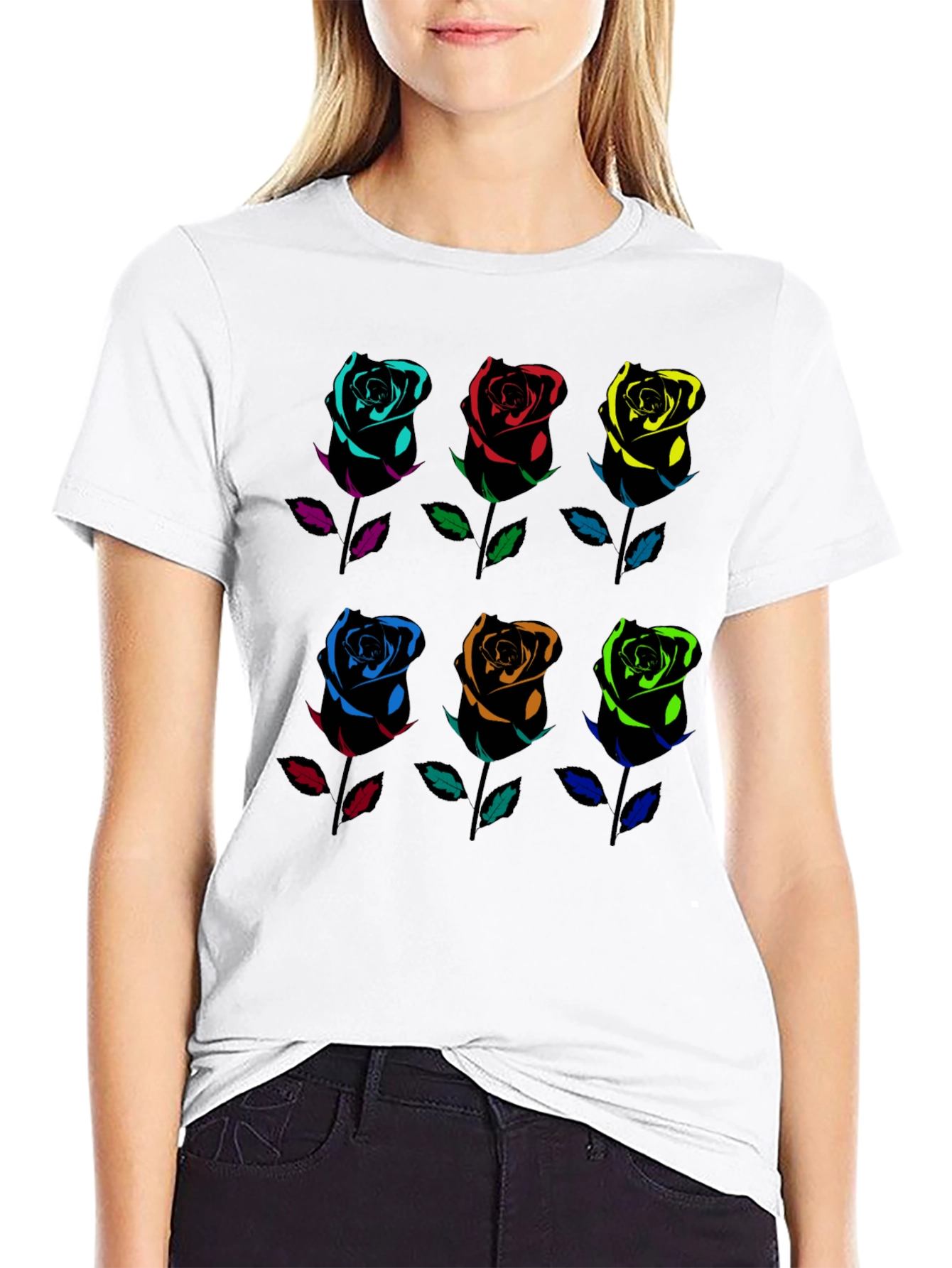 Rainbow Roses Graphic Tee - Black Cotton T-Shirt