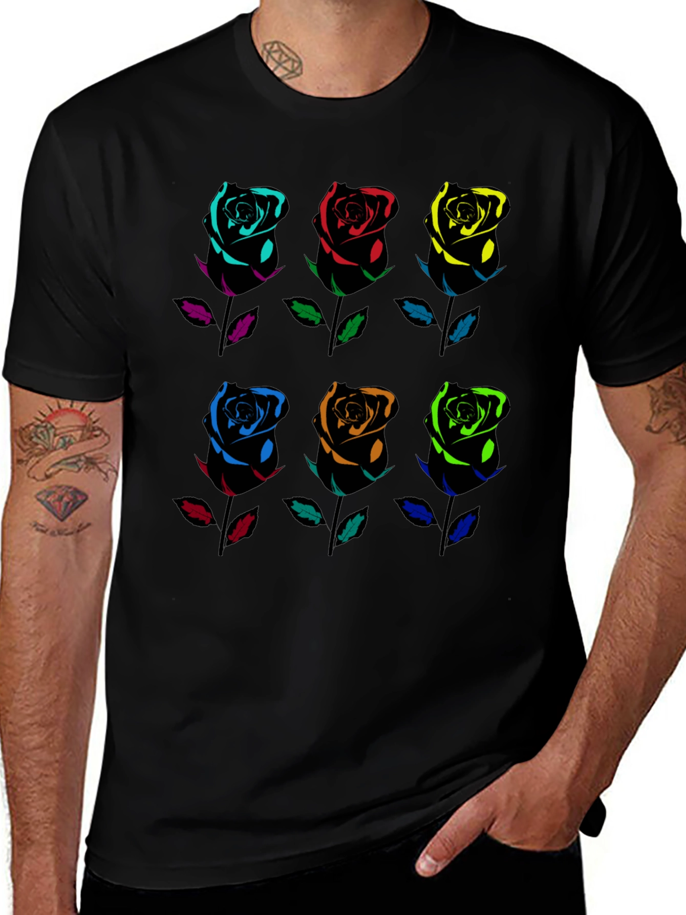 Rainbow Roses Graphic Tee - Black Cotton T-Shirt