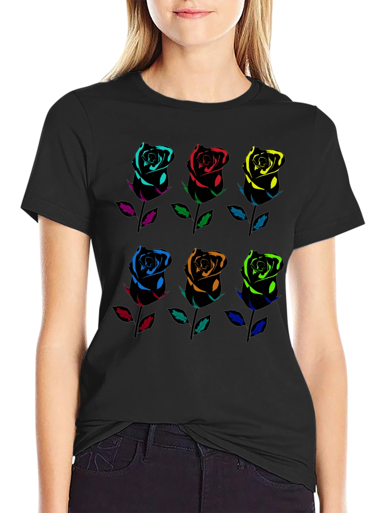 Rainbow Roses Graphic Tee - Black Cotton T-Shirt