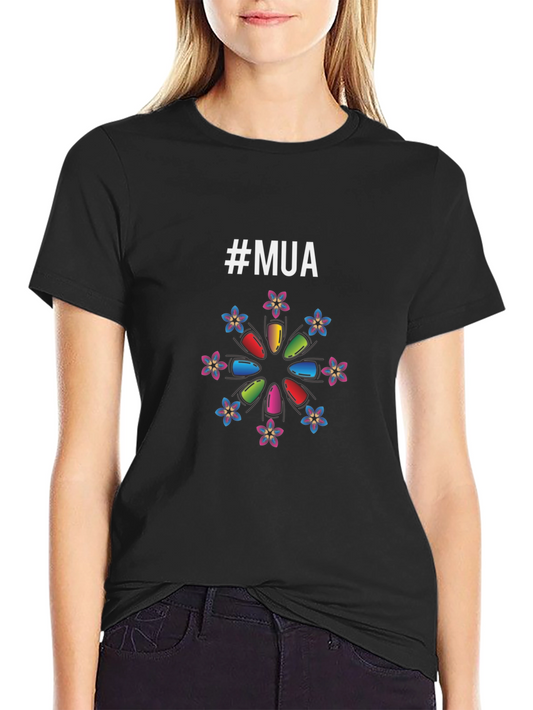 #MUA Nail Polish Flower T-Shirt - Black Colorful Casual