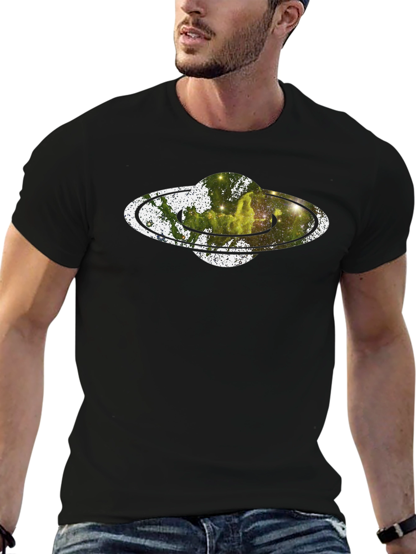 Saturn Nebula Graphic Print Black T-Shirt