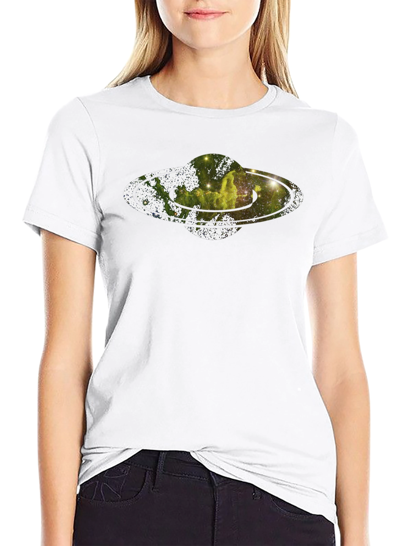 Saturn Nebula Graphic Print Black T-Shirt