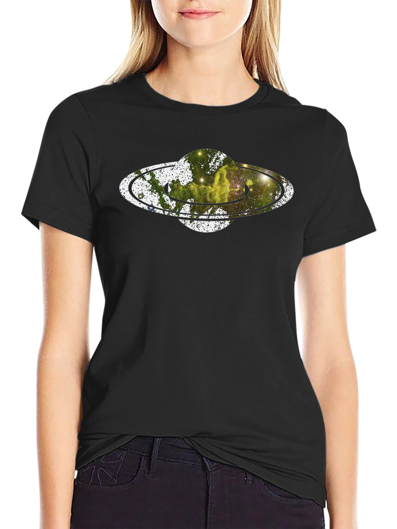 Saturn Nebula Graphic Print Black T-Shirt
