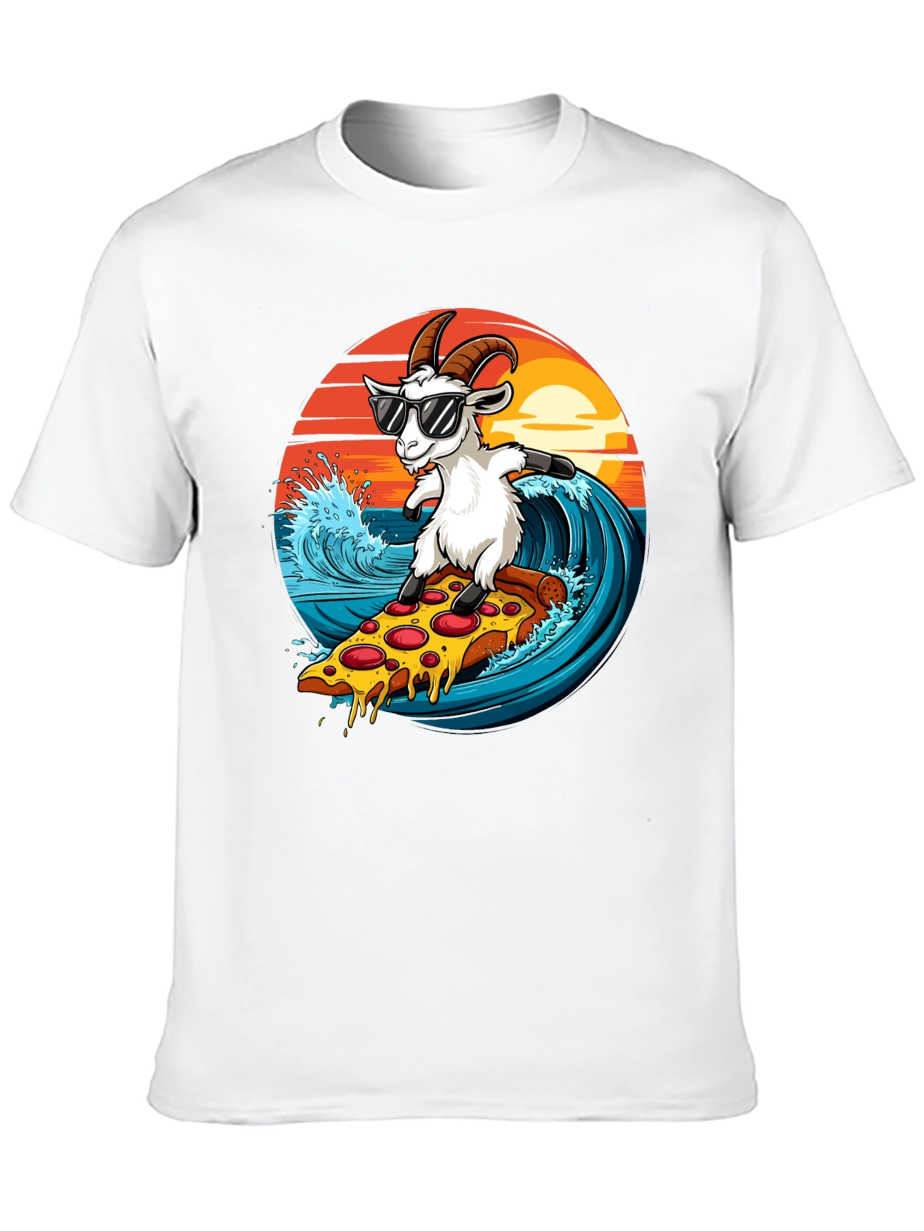 Goat Surfing Pizza T-Shirt - Unique Graphic Tee