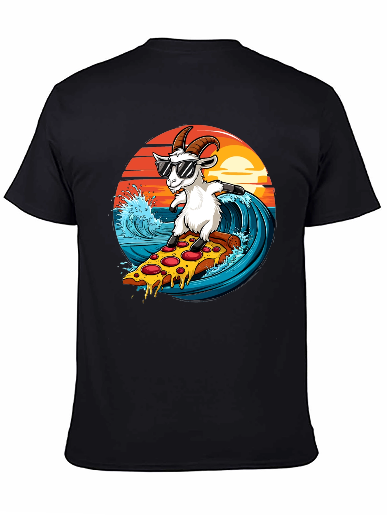 Goat Surfing Pizza T-Shirt - Unique Graphic Tee