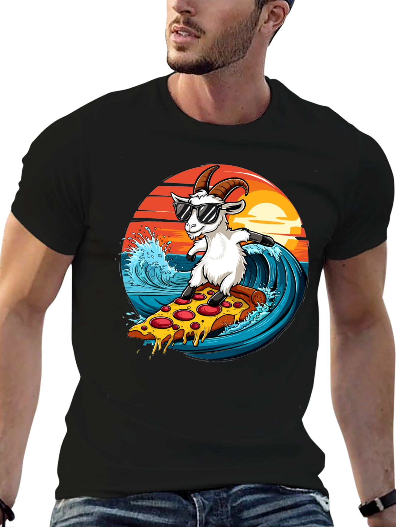 Goat Surfing Pizza T-Shirt - Unique Graphic Tee