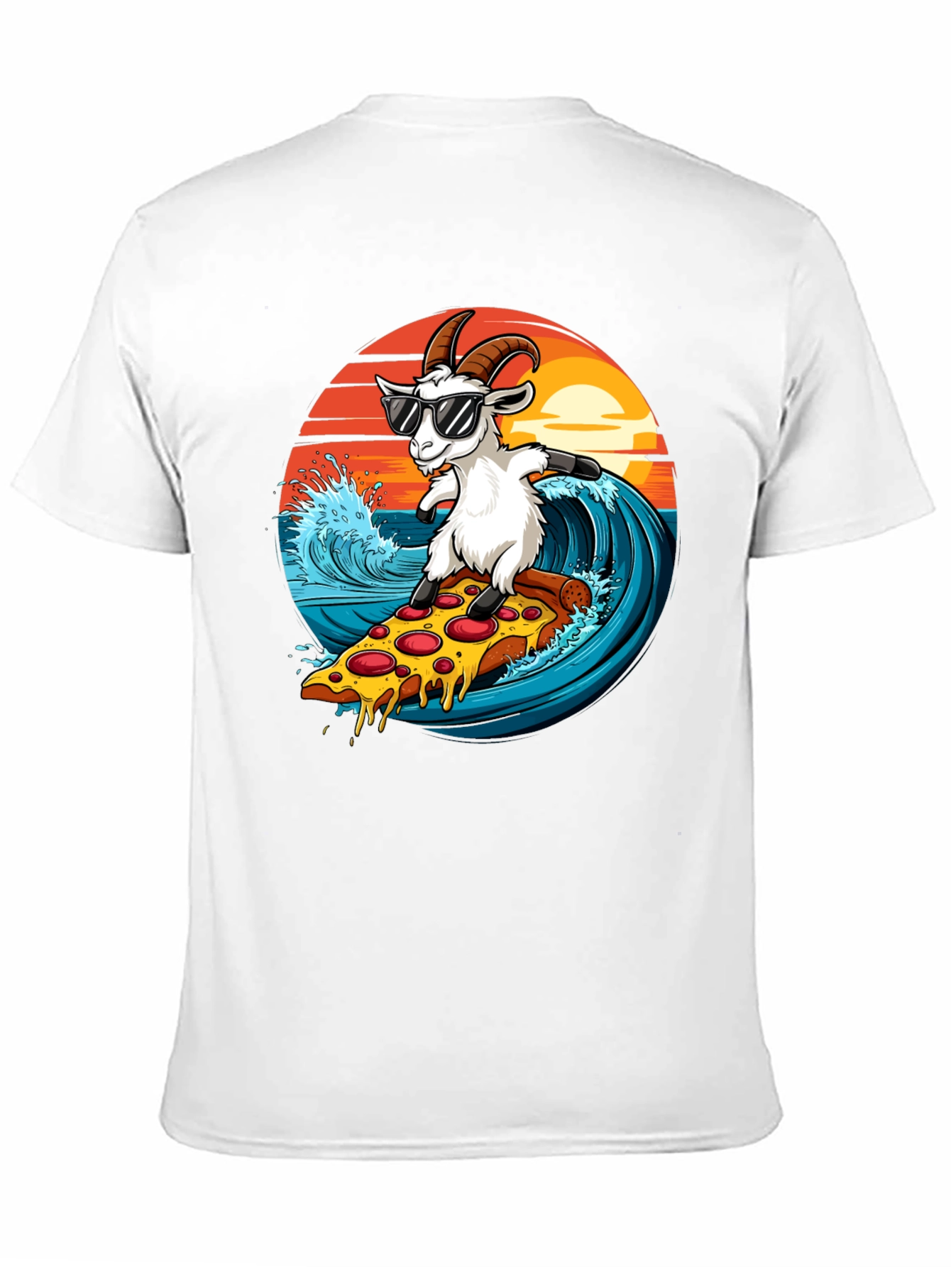 Goat Surfing Pizza T-Shirt - Unique Graphic Tee