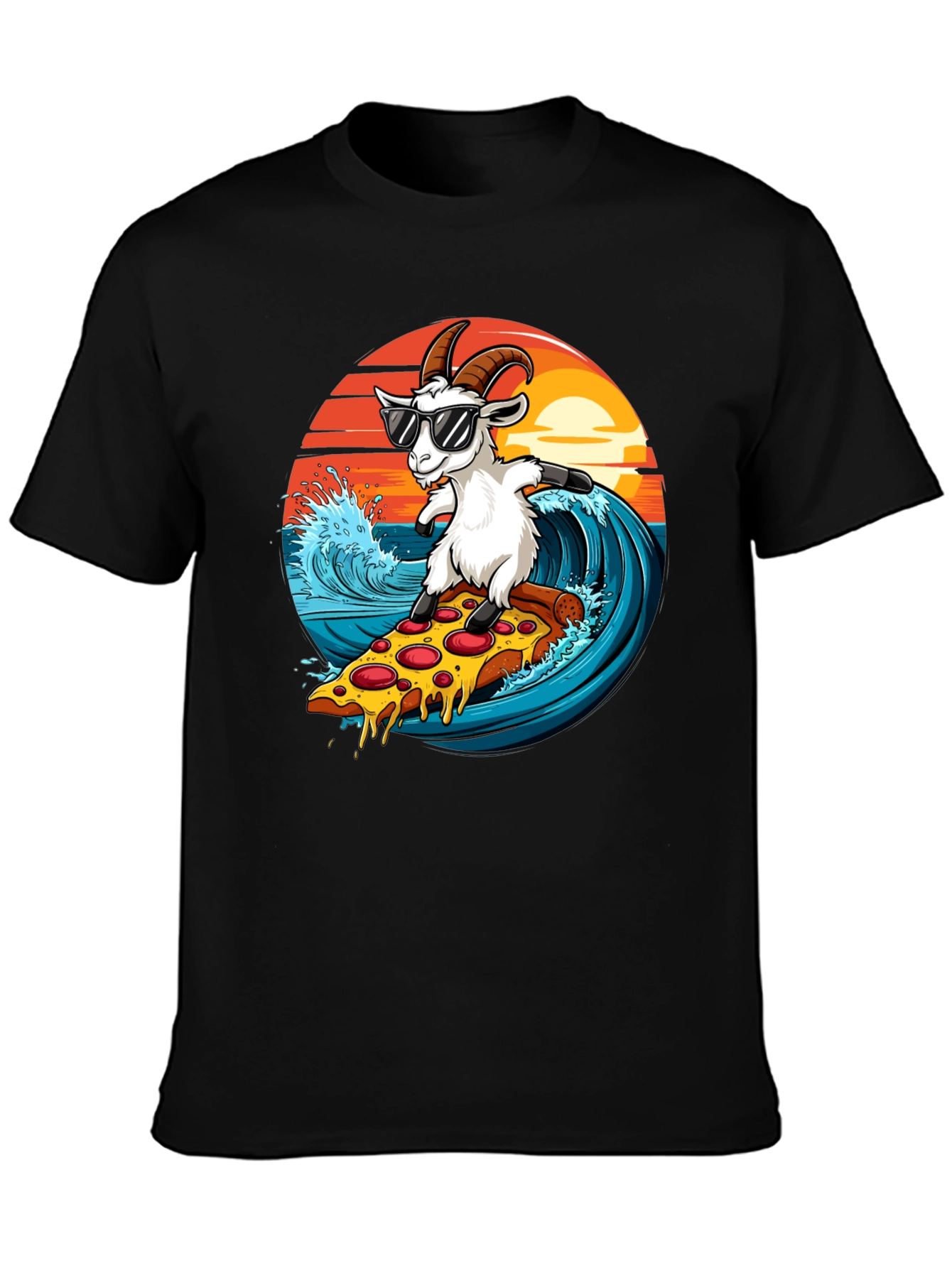 Goat Surfing Pizza T-Shirt - Unique Graphic Tee