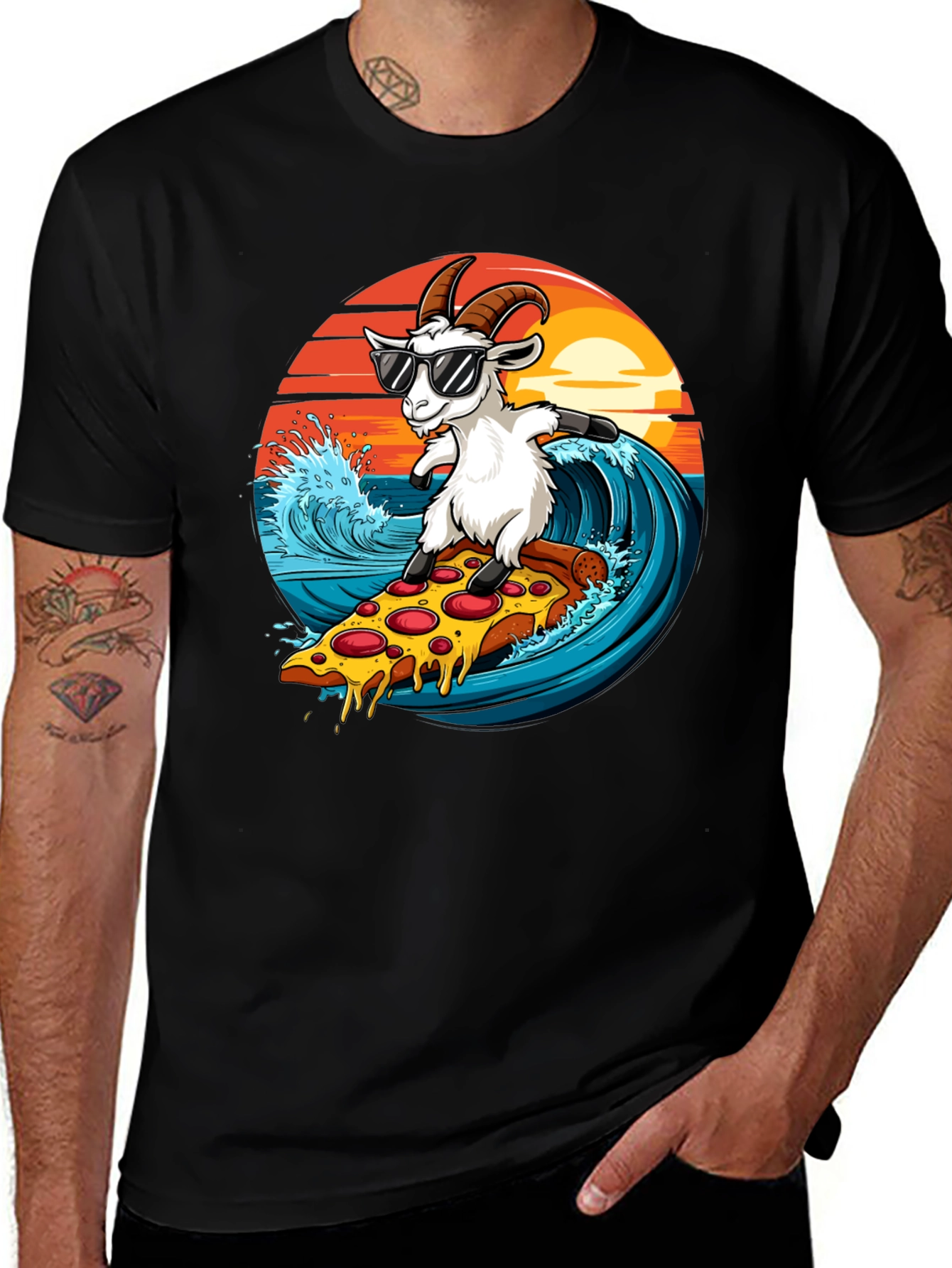 Goat Surfing Pizza T-Shirt - Unique Graphic Tee