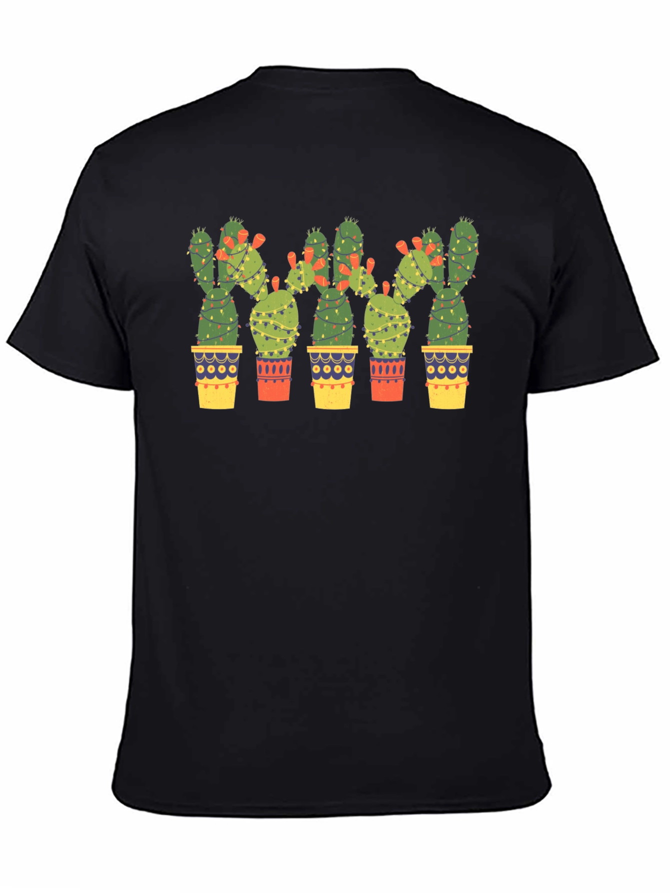 Cactus Christmas Lights Black T-Shirt