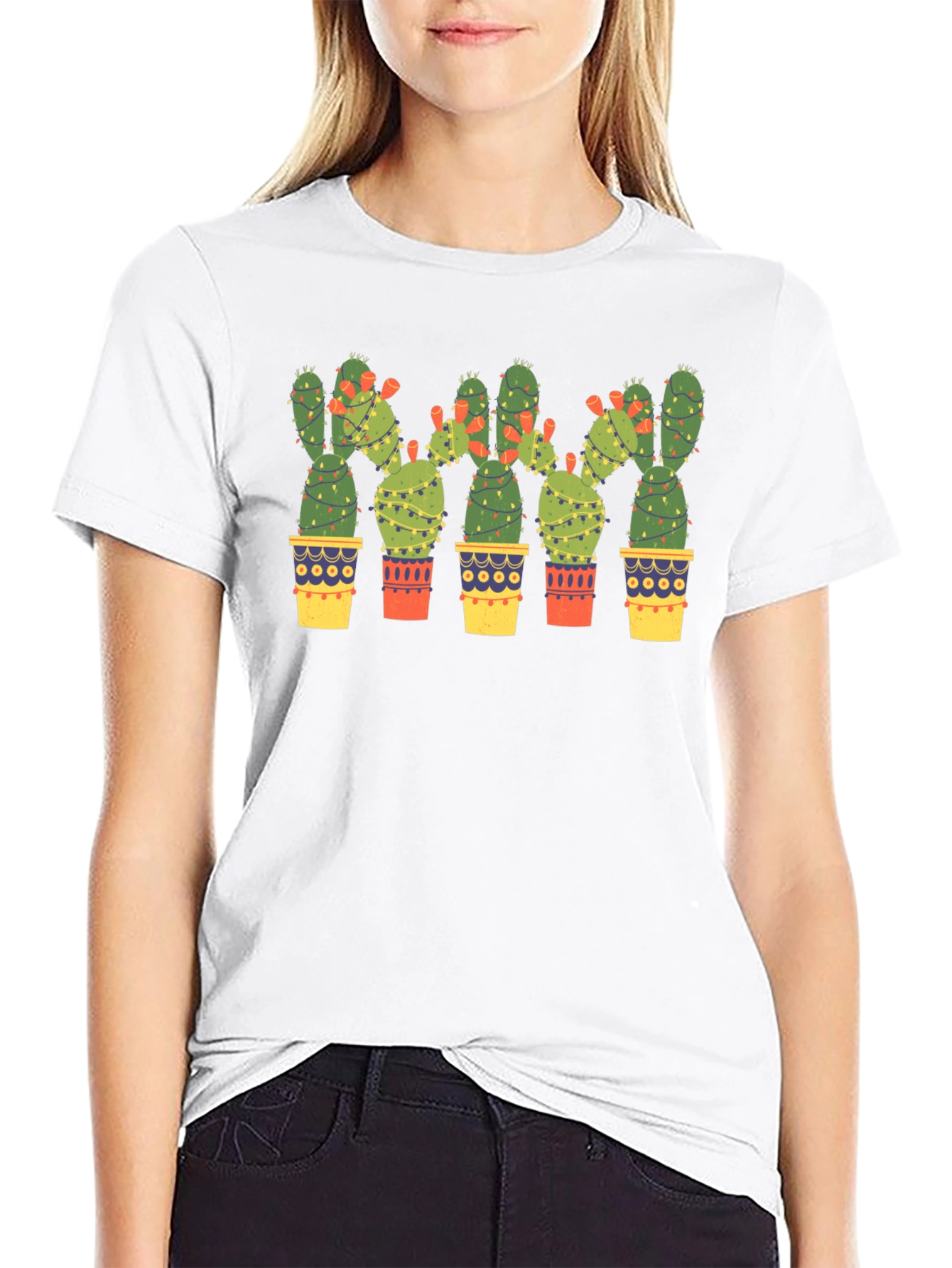 Cactus Christmas Lights Black T-Shirt