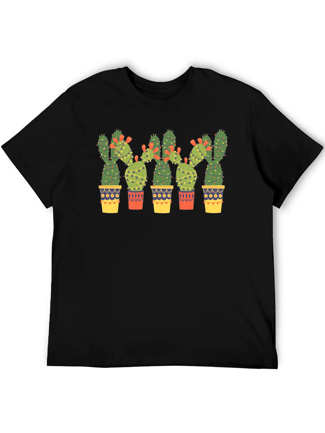 Cactus Christmas Lights Black T-Shirt