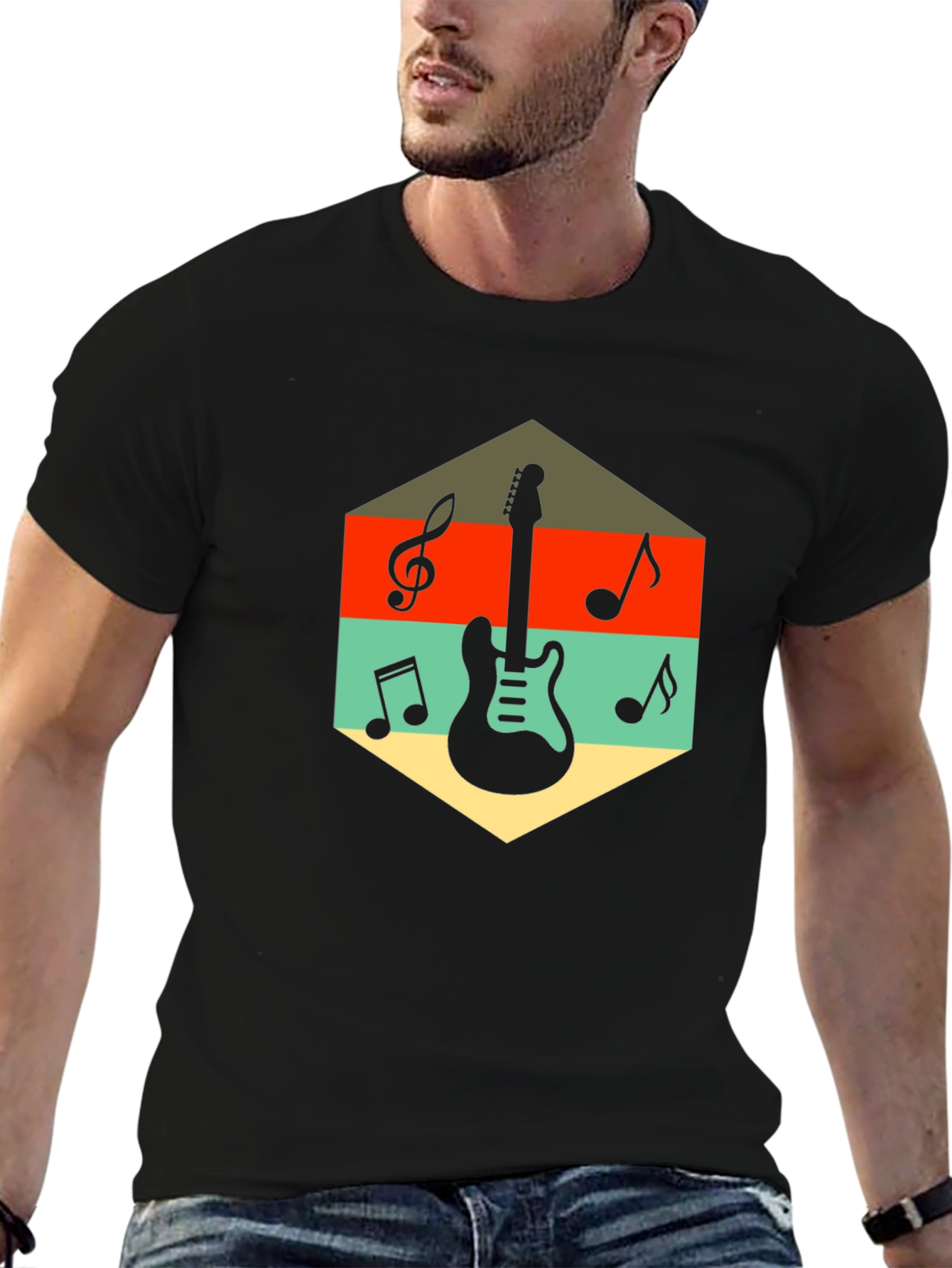 Retro Guitar & Music Note Graphic T-Shirt