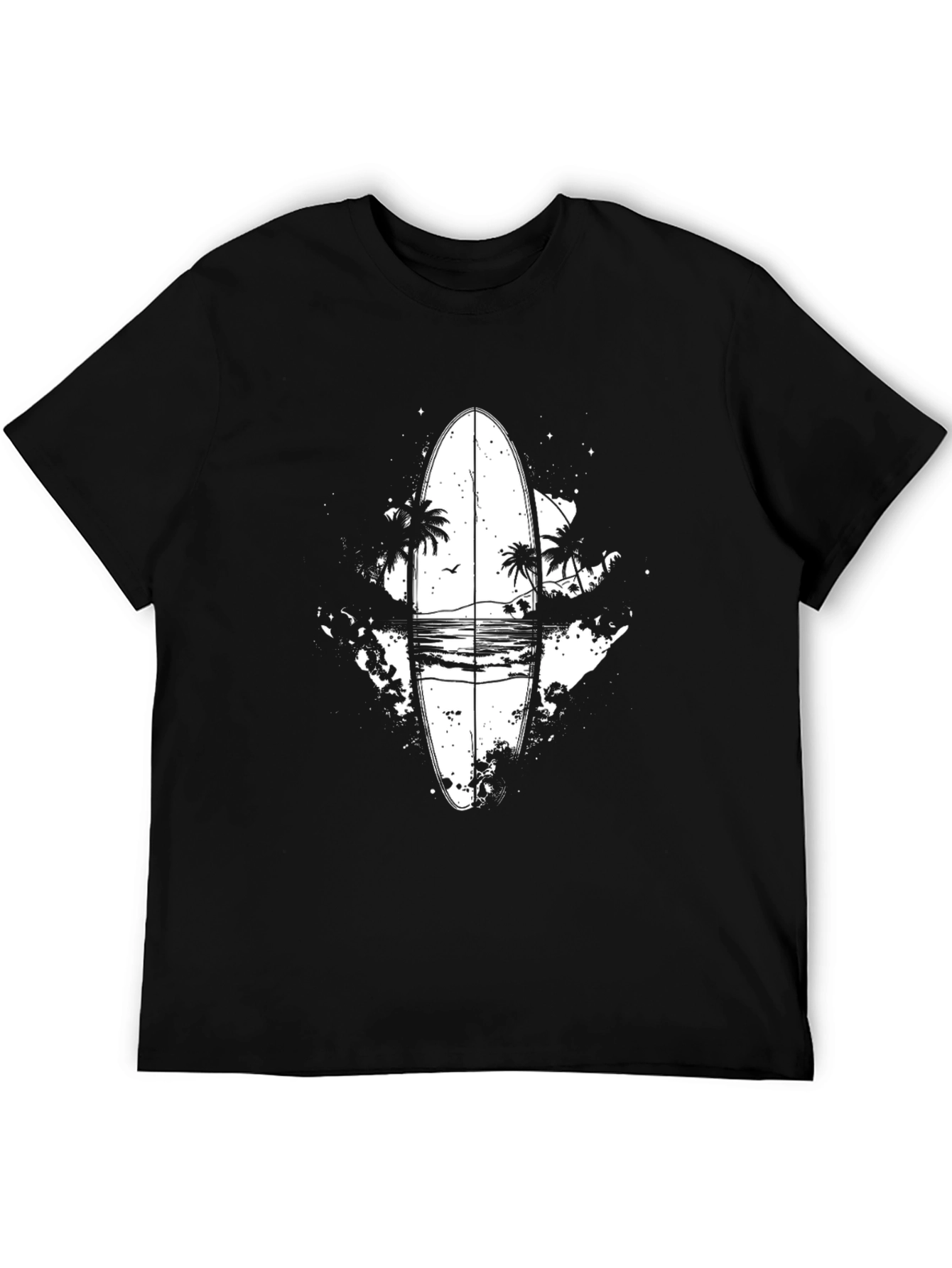 Surfboard Beach Scene Black T-Shirt