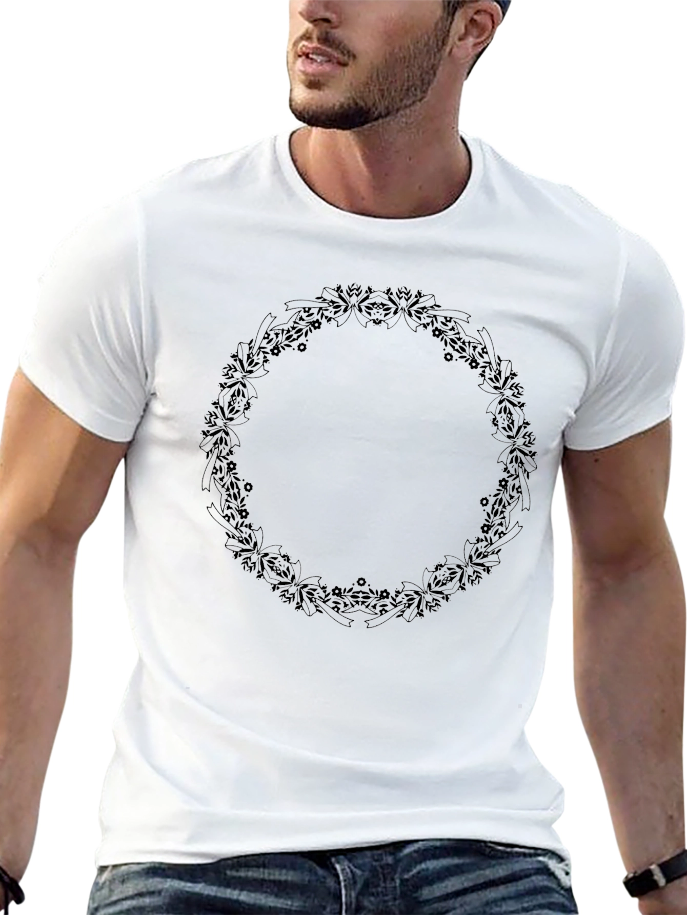 Mens Black Floral Wreath Graphic Tee